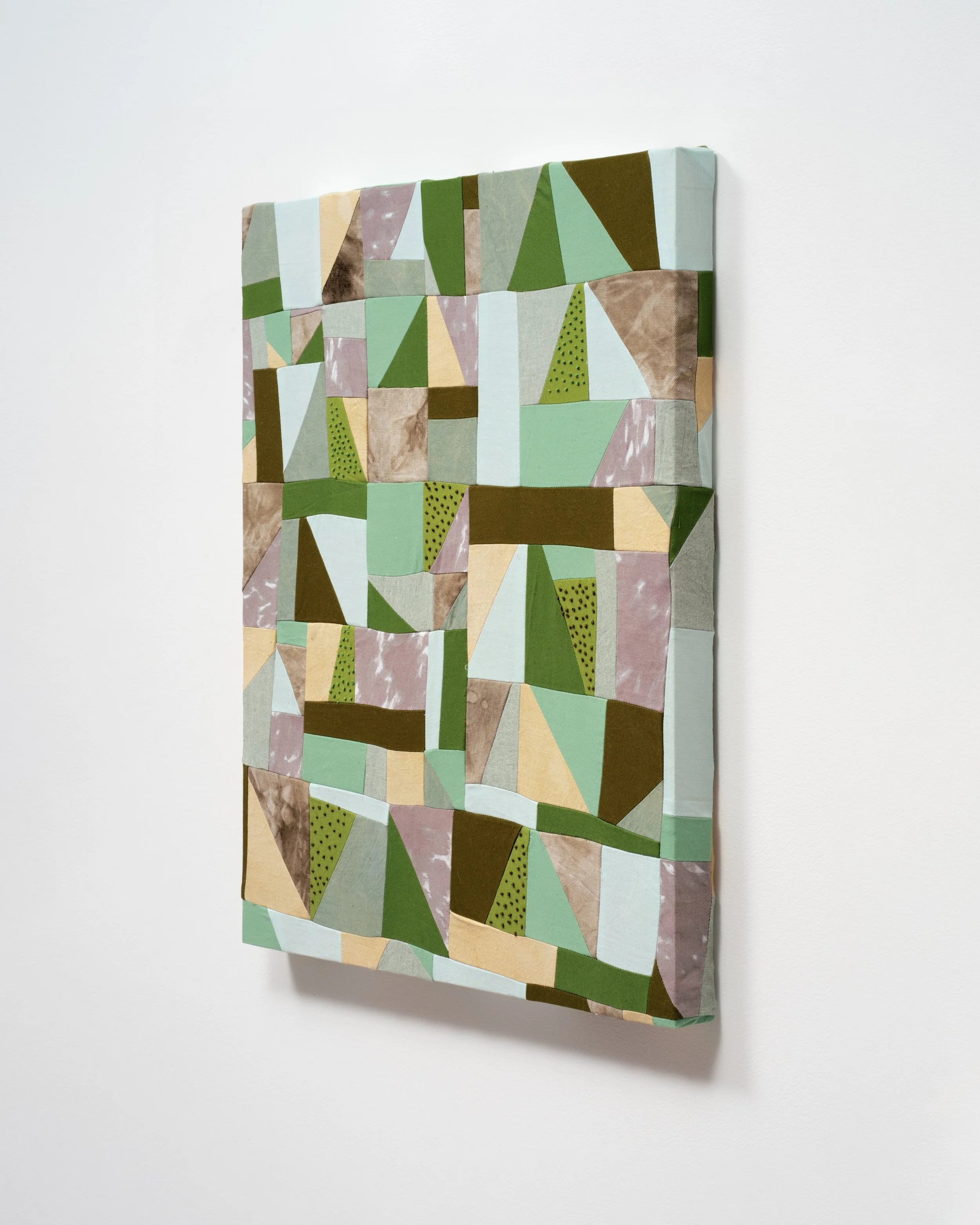   Green Winding Road (see view)   Poplin, canvas, linen-cotton fabric, linen, marigold, iron, fabric dye, acrylic paint, cotton embroidery thread.  20” x 24”  2025  Photo: Jay Stern 