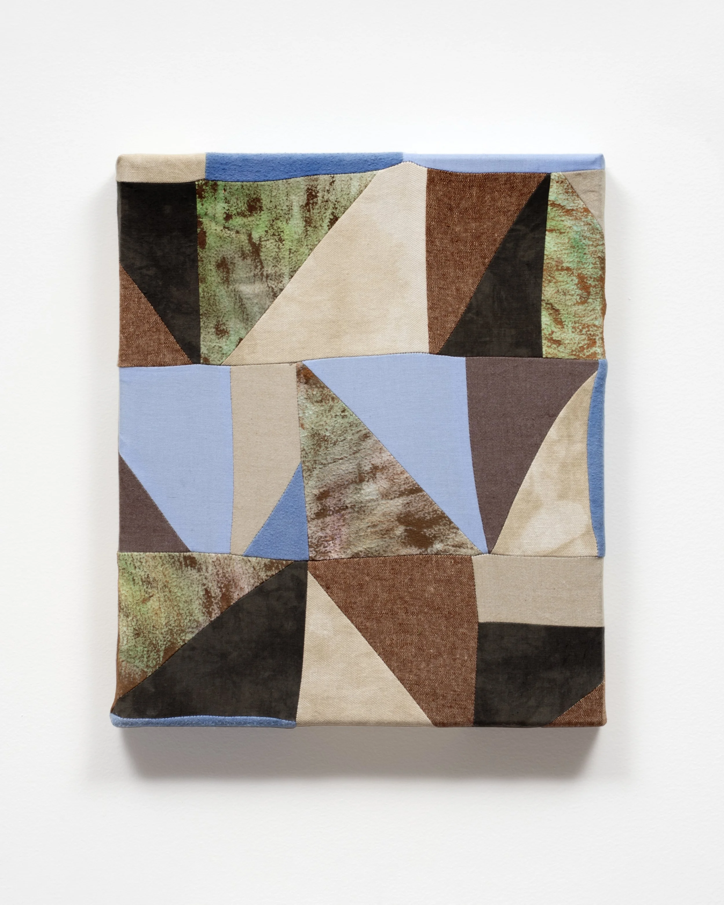   Coastline   Canvas, poplin, shot cotton, flannel, linen, marigold, iron, acrylic paint.&nbsp;  12″ x 14″&nbsp;  2023  Photo: Jay Stern 
