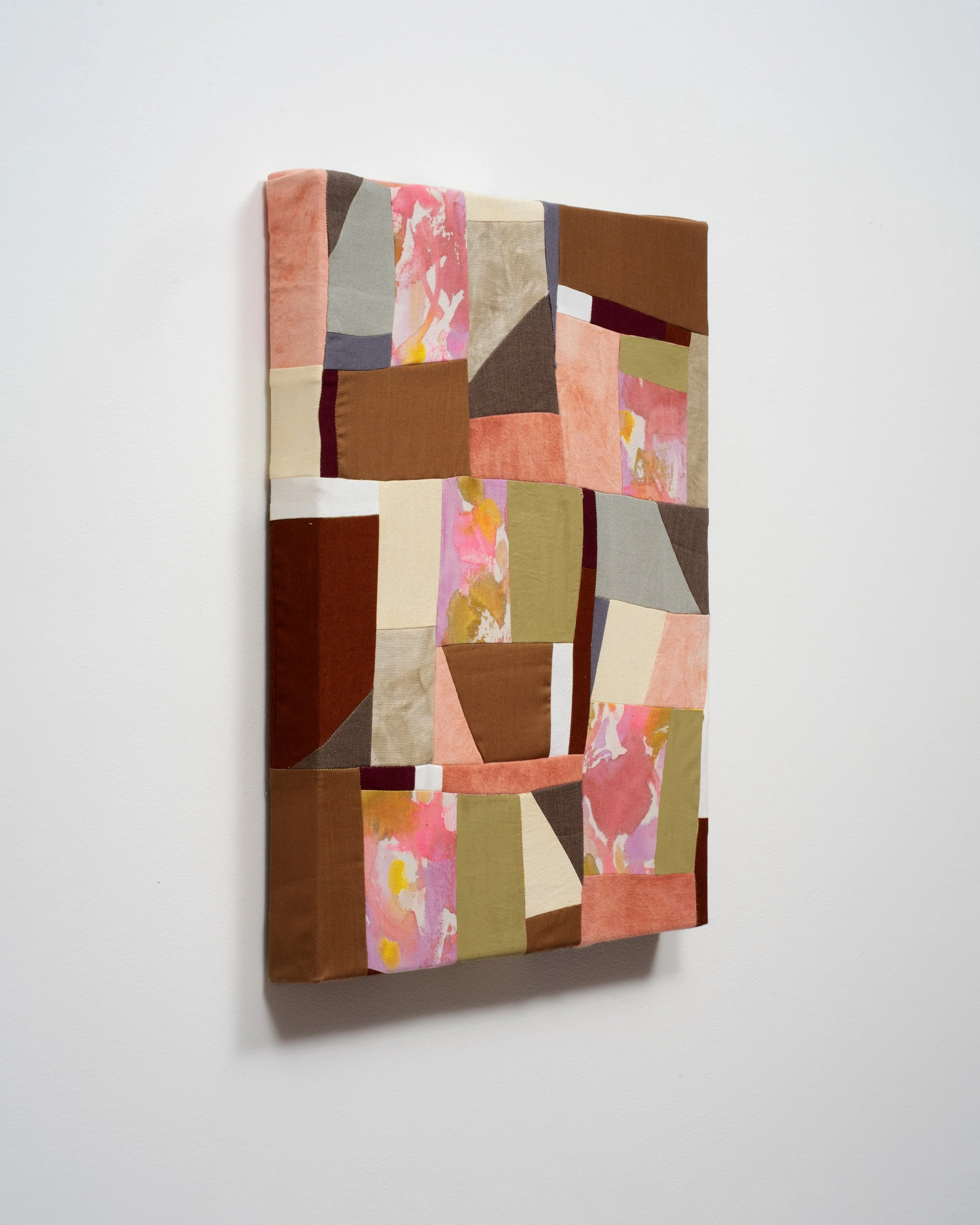   Pavement Blossoms (side view)   Muslin, poplin, flannel, canvas, linen, viscose, madder, marigold, iron, fabric dye, acrylic paint.  15" x 18"  2022  Photo: Jay Stern 