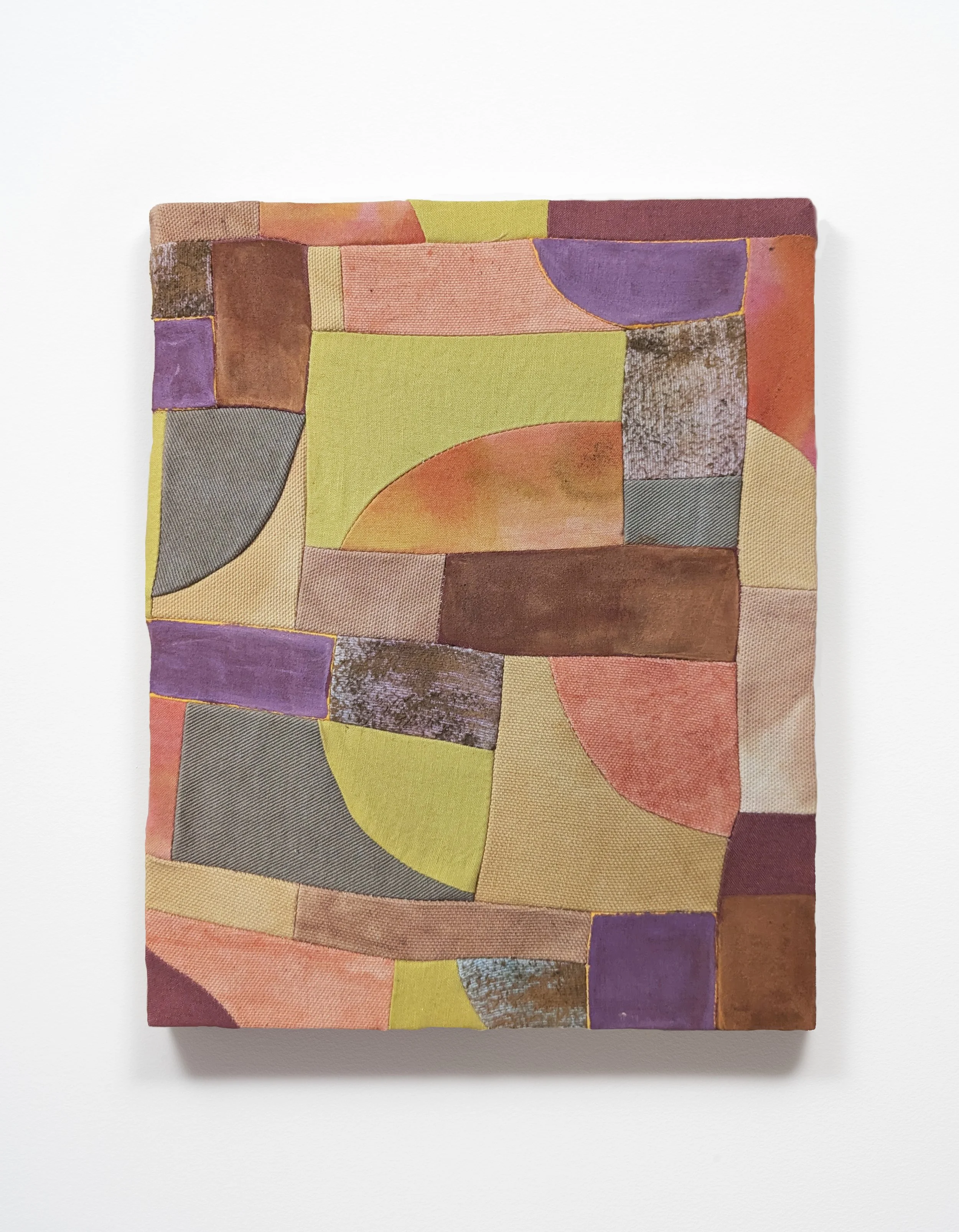   Seasons change   Canvas, poplin, muslin, flannel, madder, marigold, goldenrod, iron, dye-na-flow, fabric paint, acrylic paint.  8" x 10”  2025 