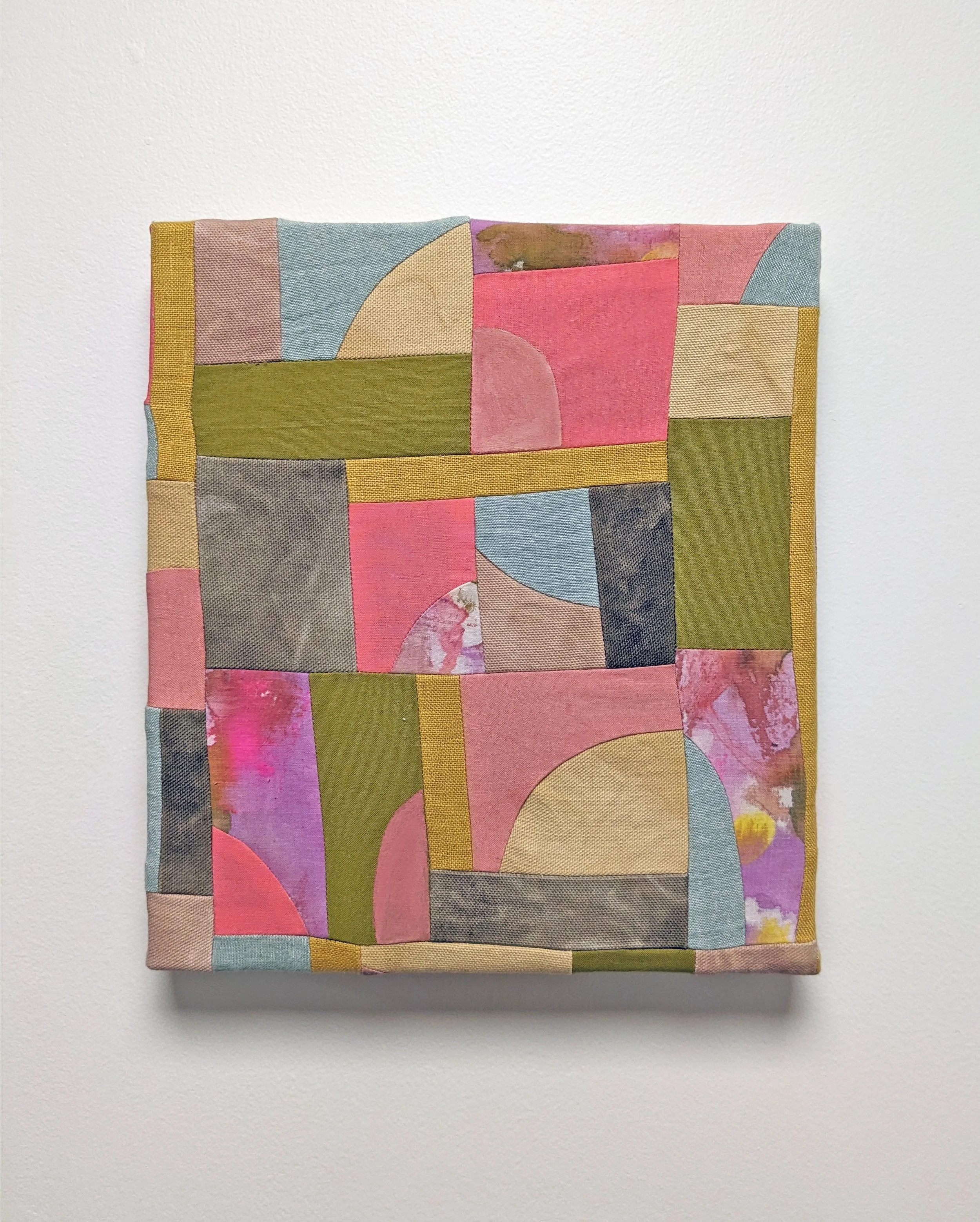   Short and Sweet   Muslin, poplin, canvas, linen-cotton fabric, linen, madder, marigold, iron, fabric dye, acrylic paint.  10” x 11”  2023 