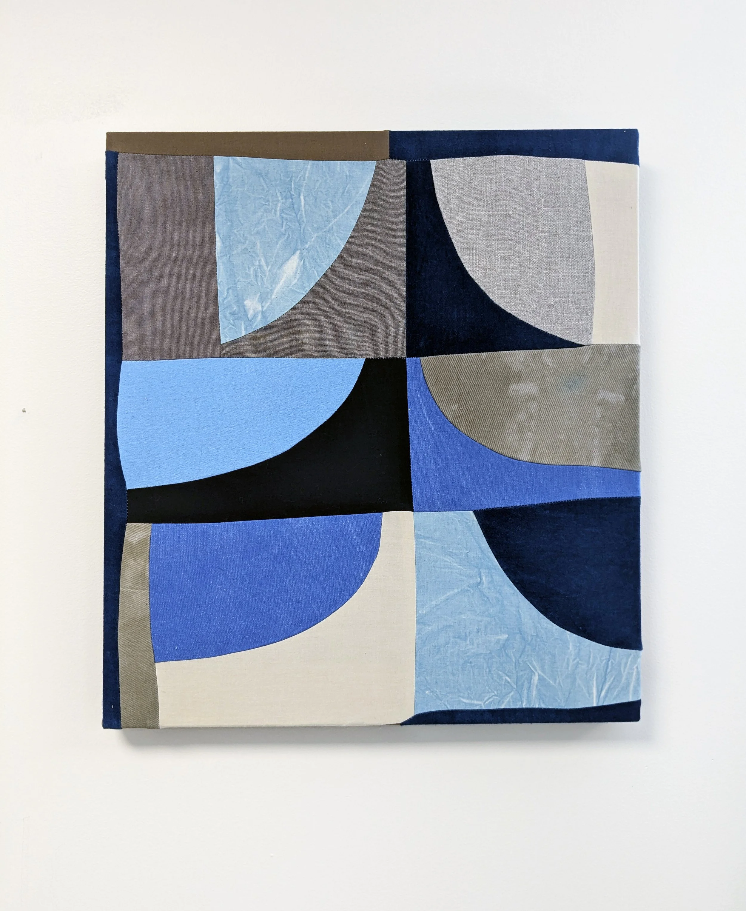  High Tide   Canvas, poplin, yarn-dyed cotton, linen, flannel, indigo, marigold, iron mordant.&nbsp;  18″ x 24″&nbsp;  2024    