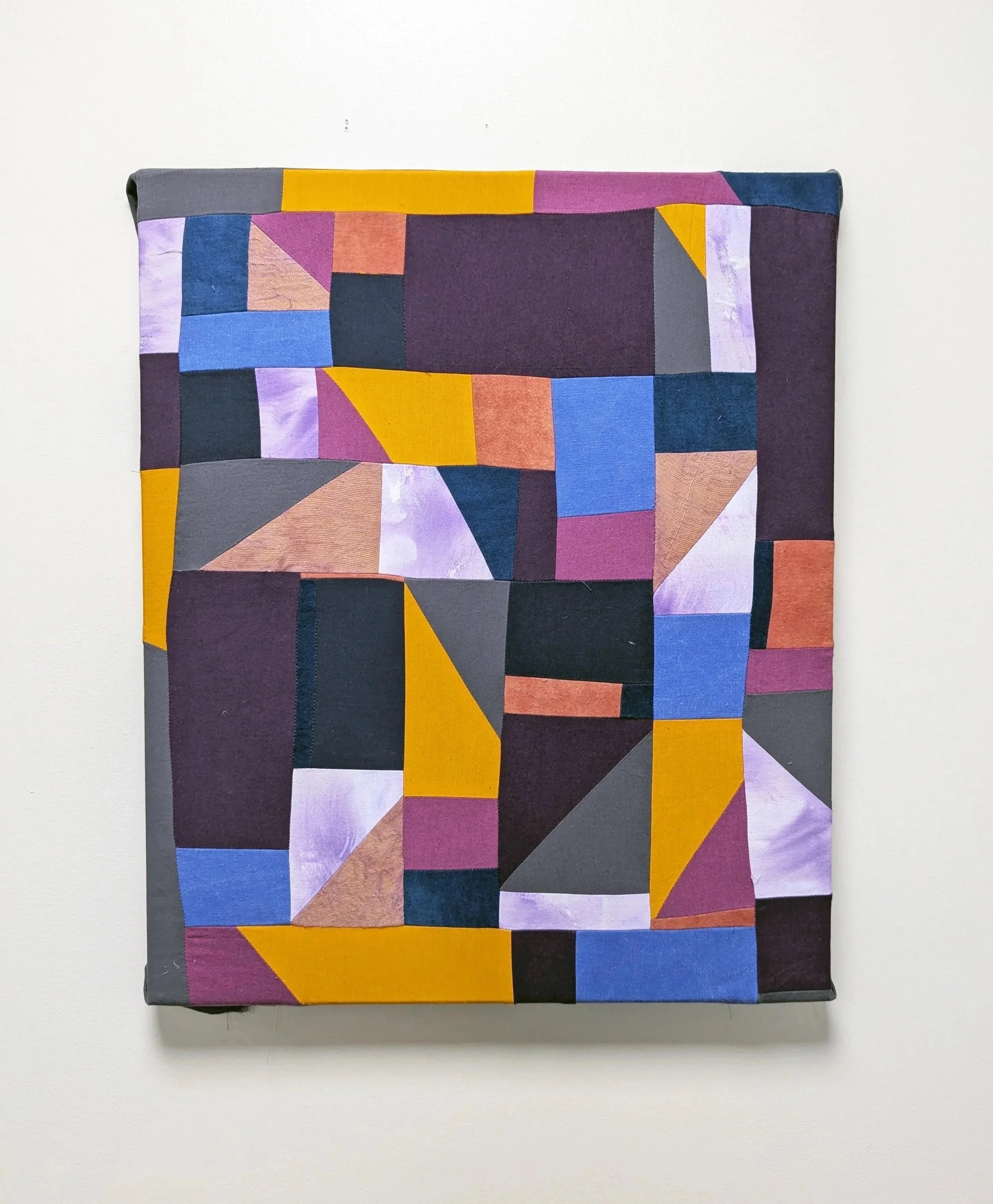   Sundown   Poplin, yarn-dyed cotton, canvas, gauze, flannel, indigo, madder, logwood, acrylic paint.&nbsp;  20” x 24”  2024 