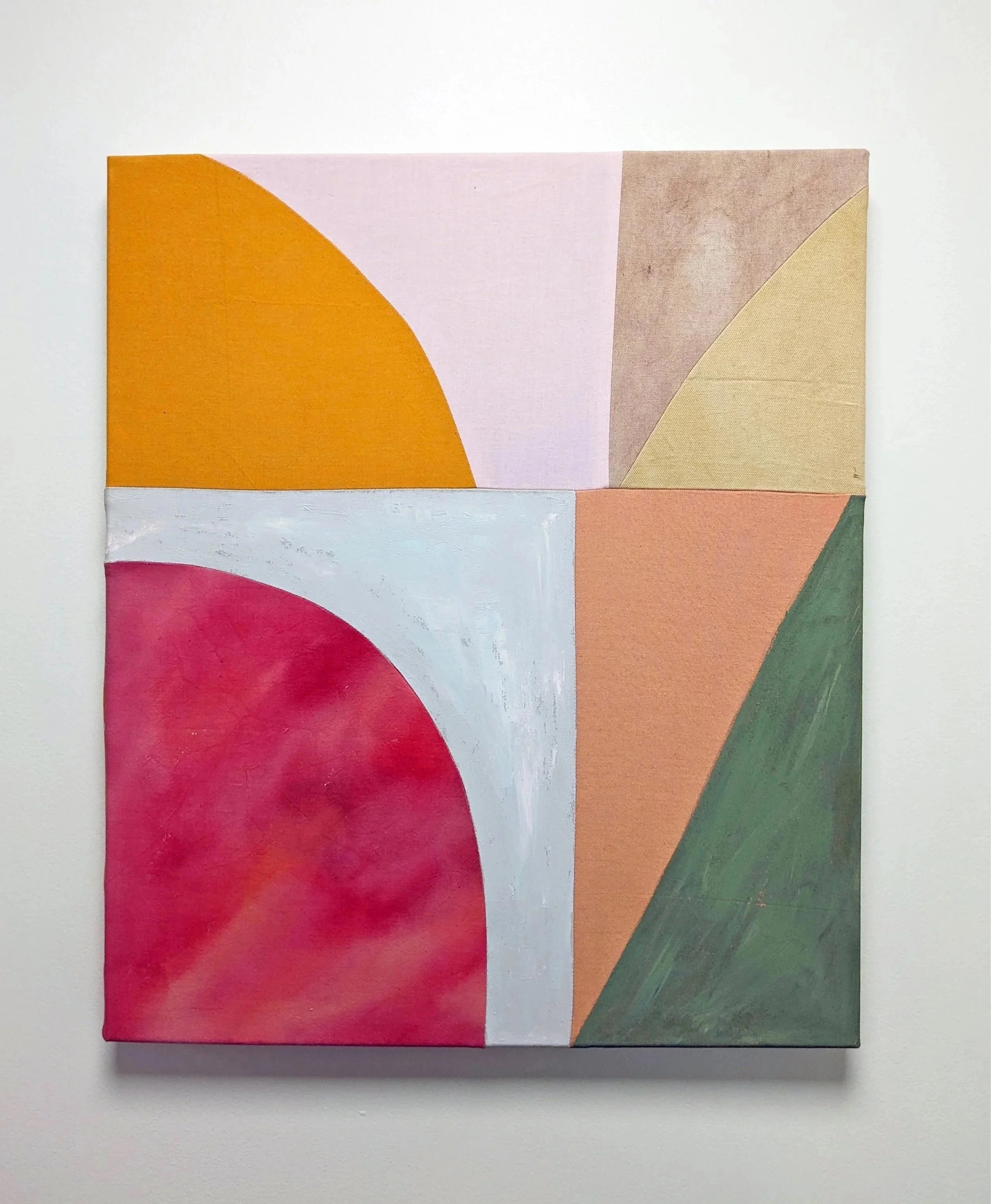   Sun Bath   Poplin, yarn-dyed cotton, canvas, madder, marigold, fabric dye, acrylic paint.&nbsp;  20” x 24”  2023 