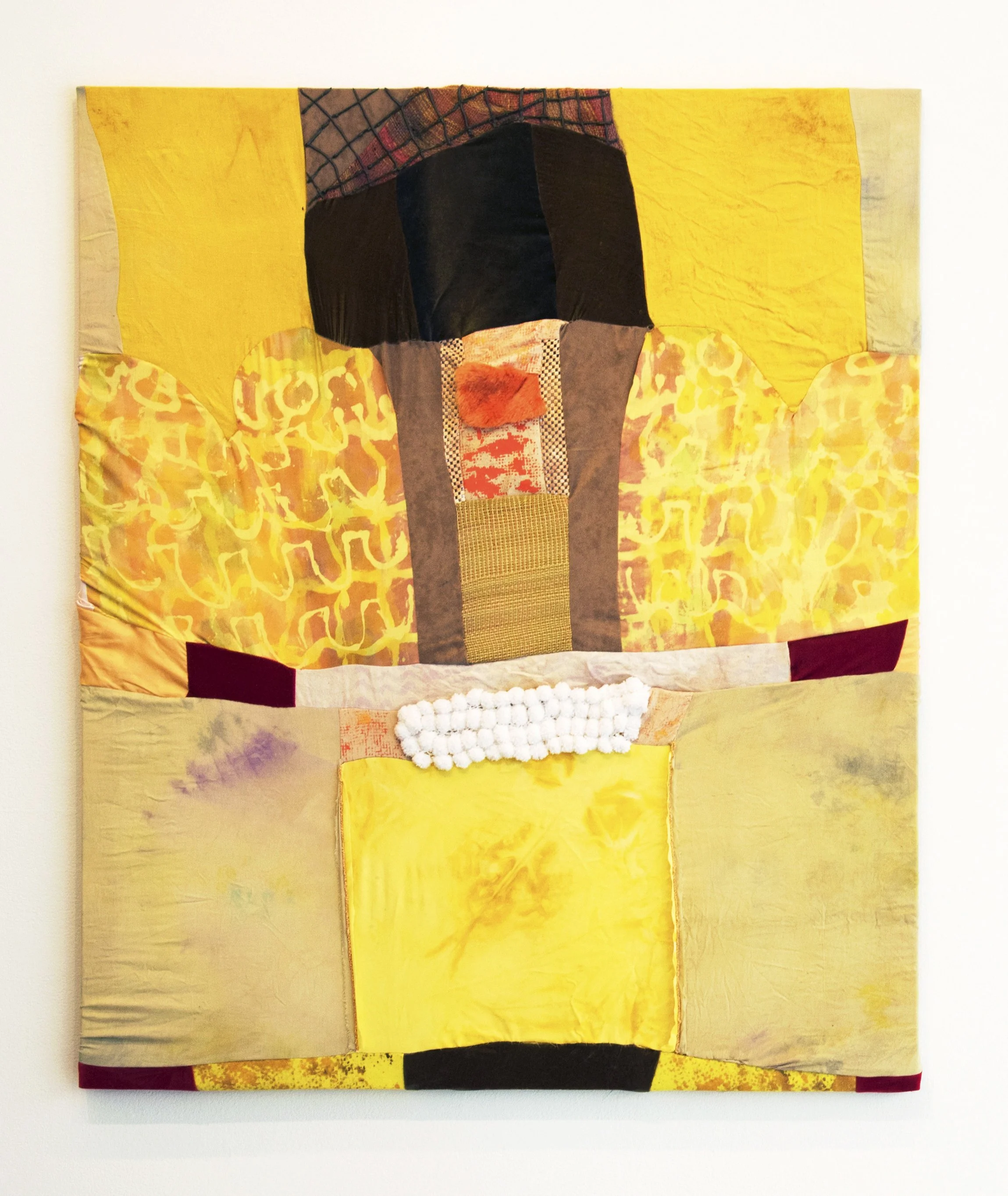   Sun Spots   Turmeric, green tea, food coloring, dye, acrylic paint, enamel paint, hand woven wool, cotton fabric, acrylic felt, velvet, velour, pom poms, faux fur, plush rug pad.  41" x 49"  2017 