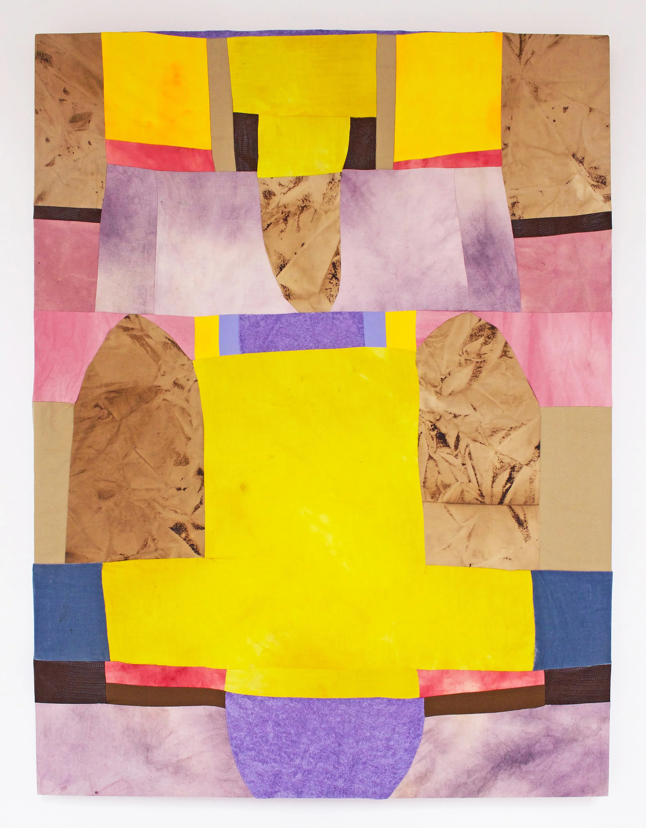   Our Atlantis &nbsp; &nbsp; &nbsp; &nbsp; &nbsp; &nbsp; &nbsp; &nbsp; &nbsp; &nbsp;  Cotton fabric, turmeric, coffee, cochineal, madder, canvas, synthetic fabric, faux snakeskin. &nbsp;  30” x 40”  2017  