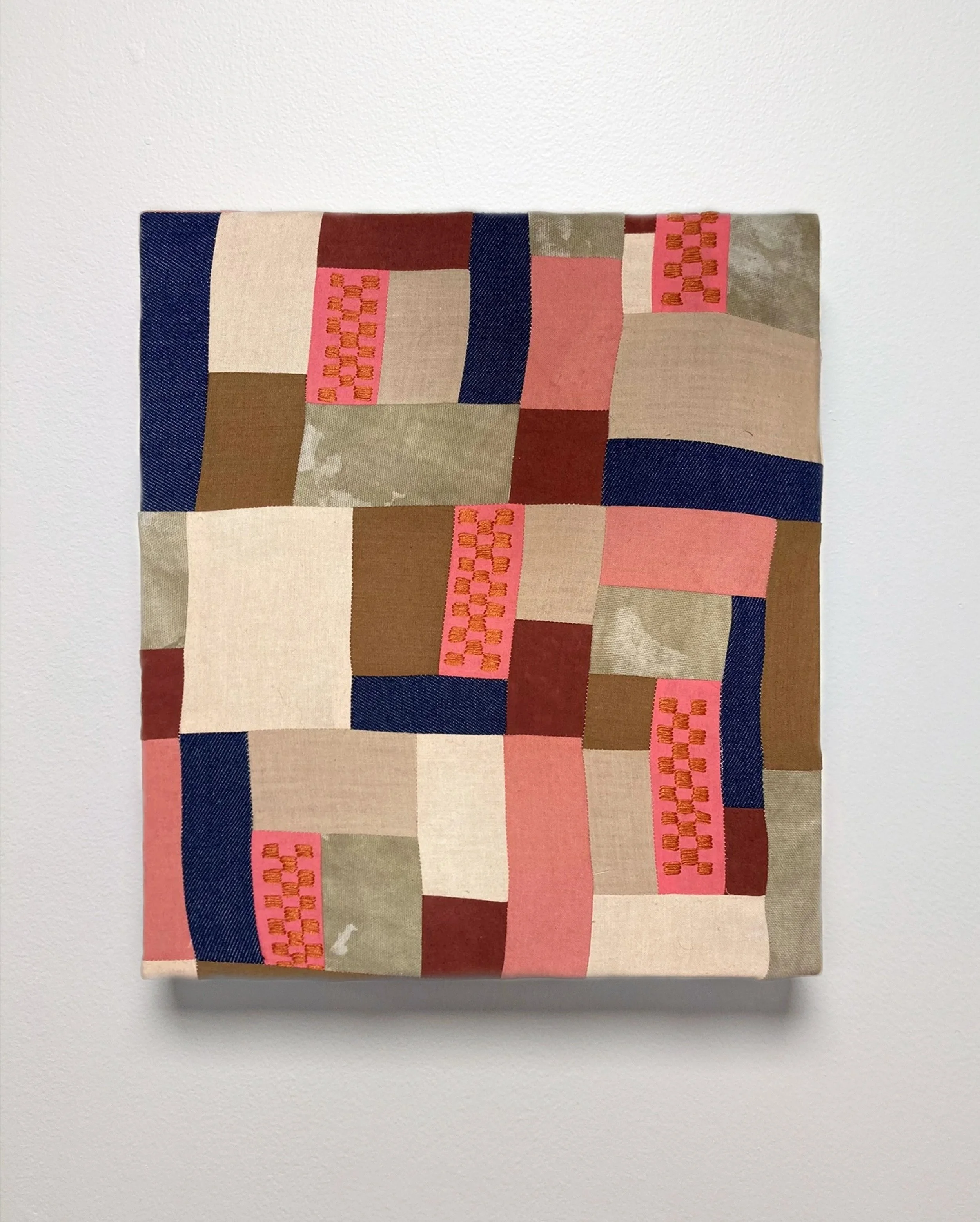   Fallen Blooms   Muslin, poplin, canvas, denim, madder, marigold, iron salt, embroidery thread.  12” x 14”  2021 