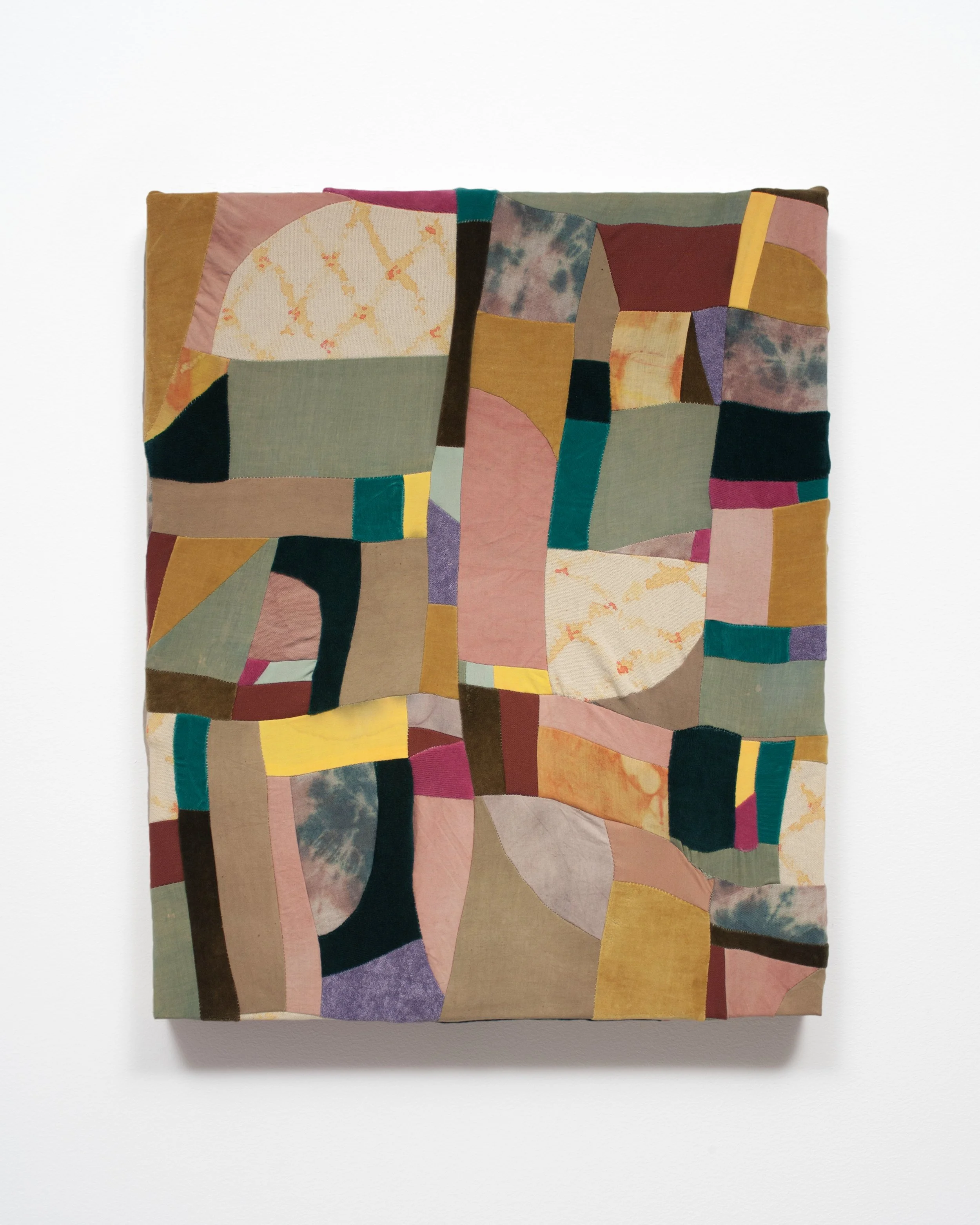   Sprawl   Muslin, canvas, linen, velvet, osage, madder, indigo, coffee, turmeric, dye, acrylic paint, embroidery thread, beeswax.  18" x 22"  2018 