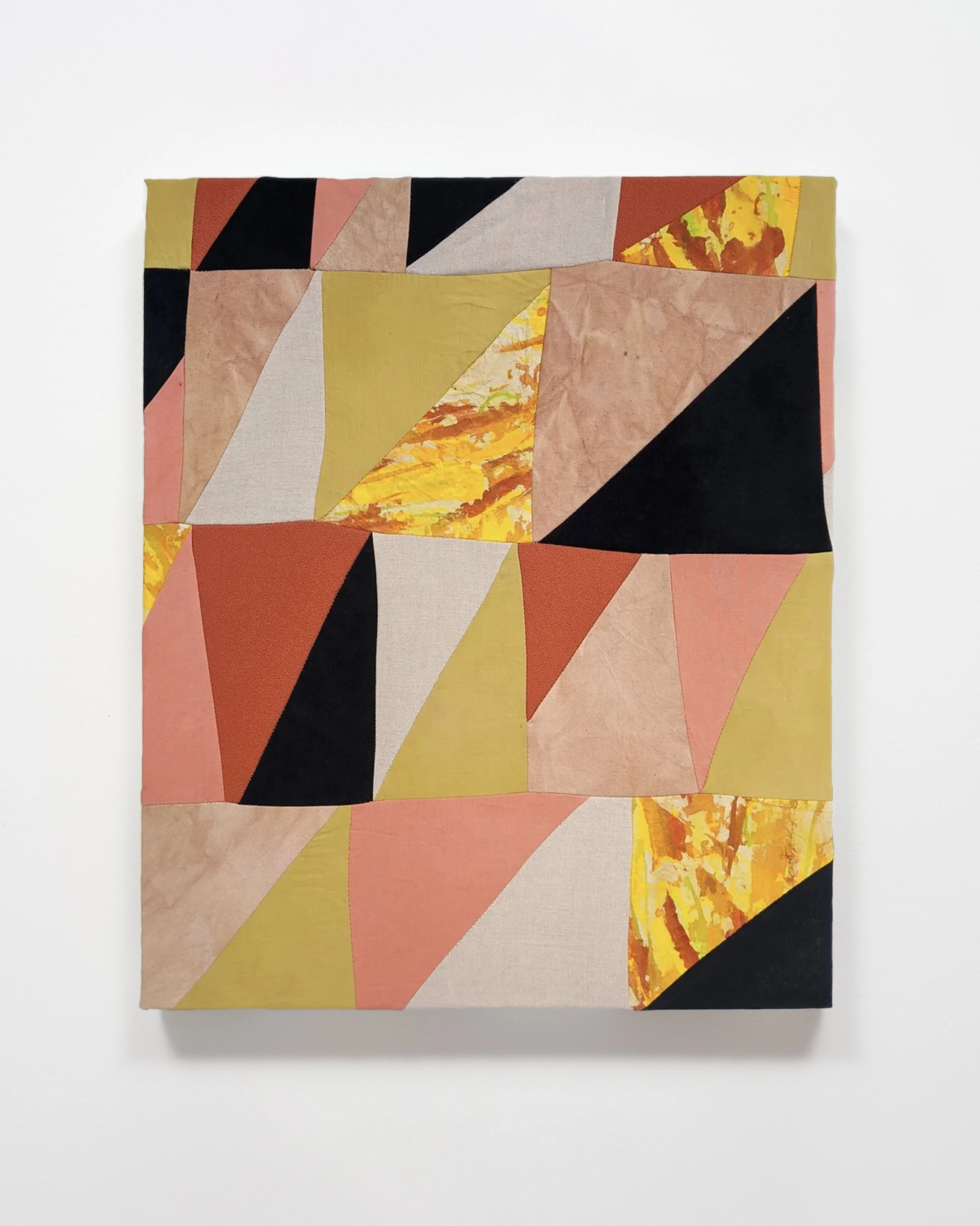   Morning Light    Muslin, canvas, polyester, faux suede, marigold, madder, iron salt, acrylic paint.  20” x 24”  2019 