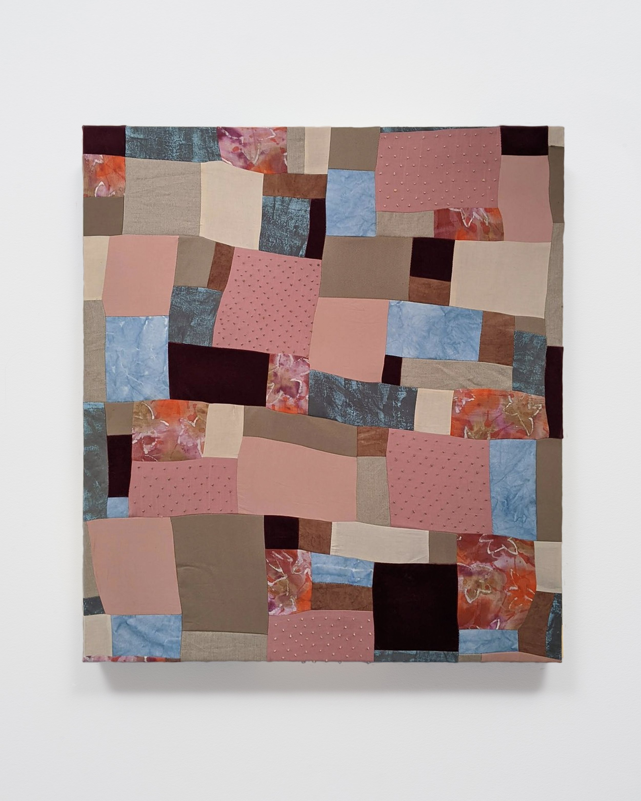   Apple Blossoms   Muslin, canvas, linen, flannel, velvet, indigo, dye, resist, acrylic paint, gesso, embroidery thread.  40” x 44”  2019 
