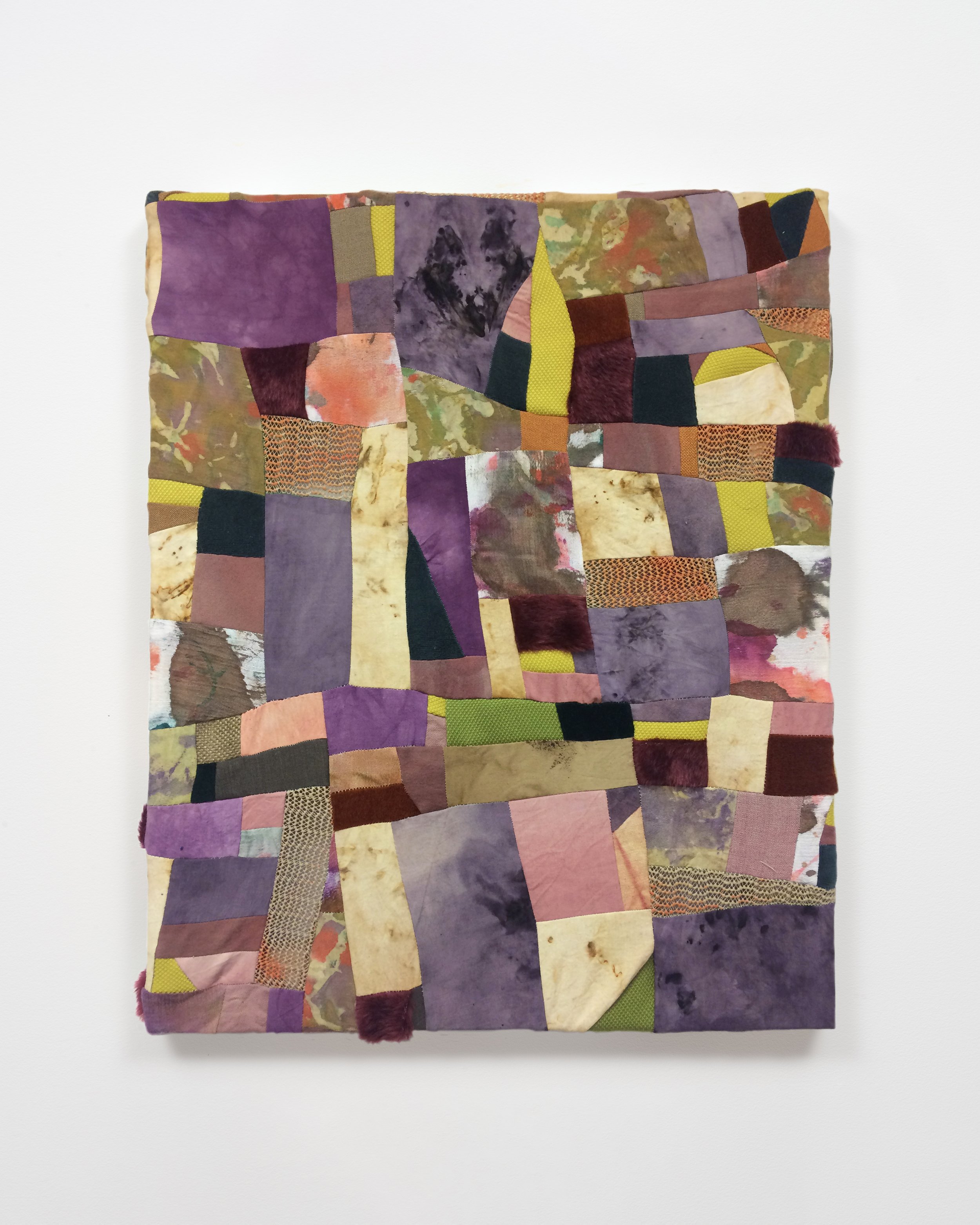   Garden Clippings   Muslin, canvas, velour, upholstery fabric, faux fur, rug mat, madder, cochineal, indigo, logwood, coffee, dye, acrylic paint, glue.  18" x 22"  2018 