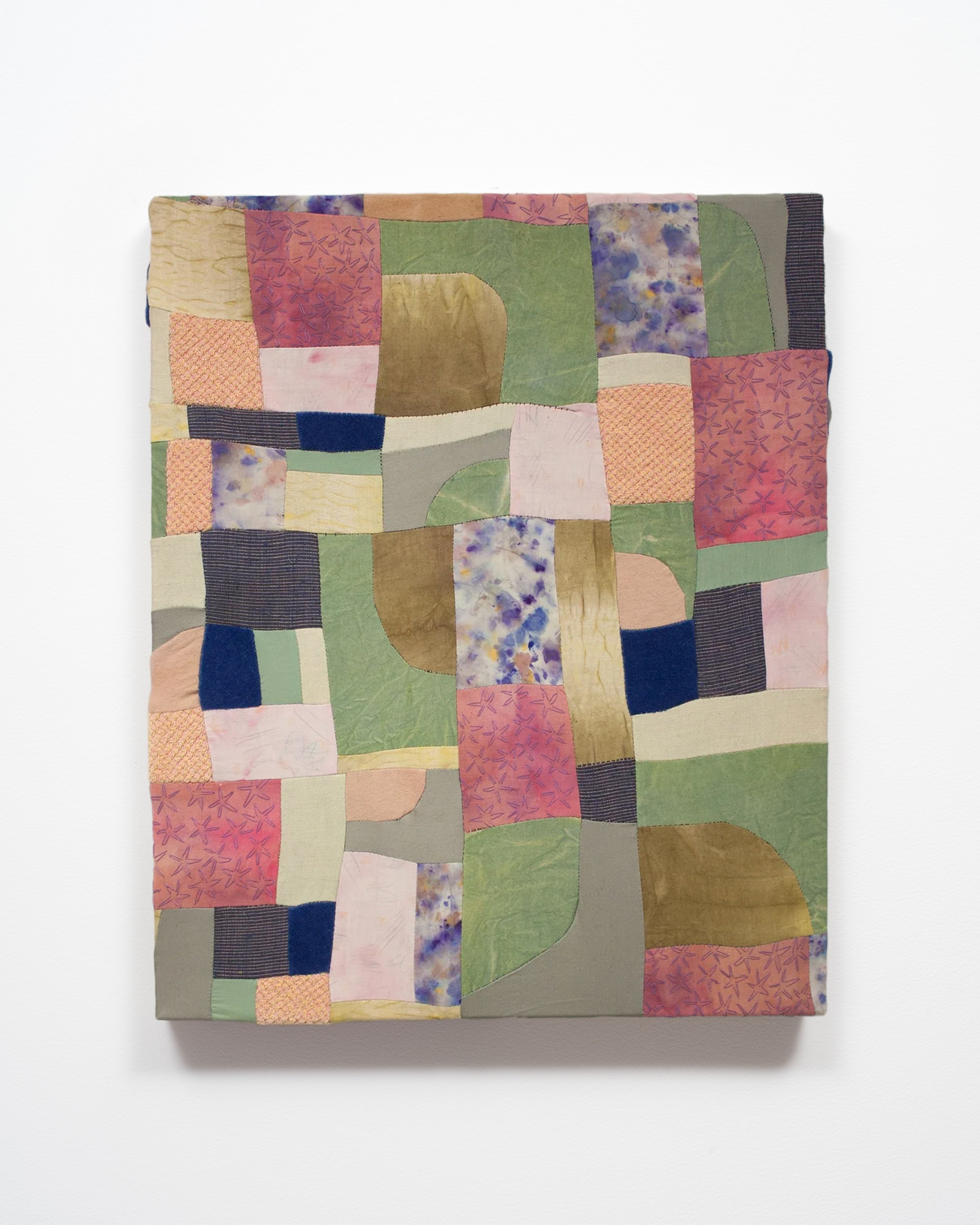   Springtide   Muslin, flannel, linen, velvet, terry cloth, osage, madder, turmeric, indigo, acrylic paint, embroidery thread, colored pencil.  8" x 22"  2018 
