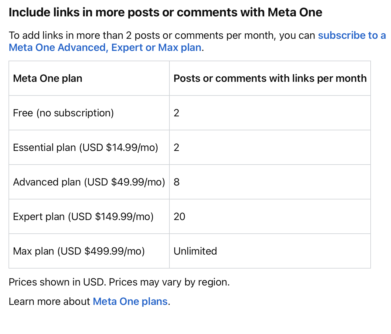 meta one link rates