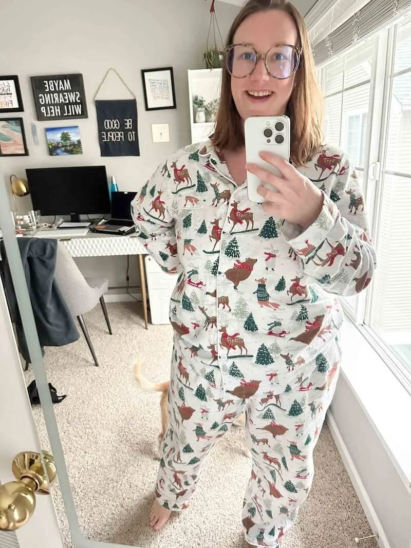 woman in sustainable holiday pajamas