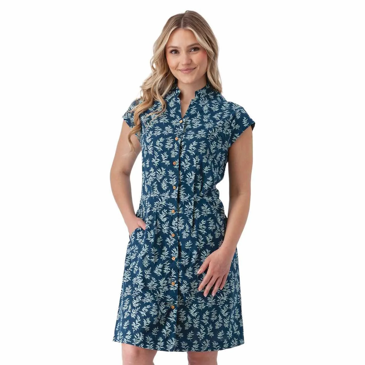 leaf pattern blue organic cotton dress