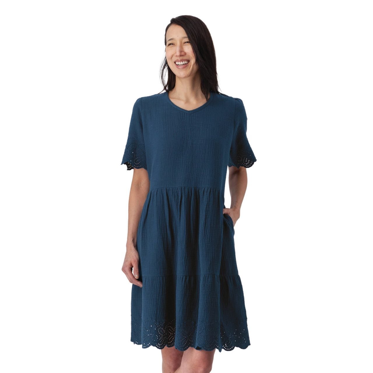 navy blue organic cotton dress with detail