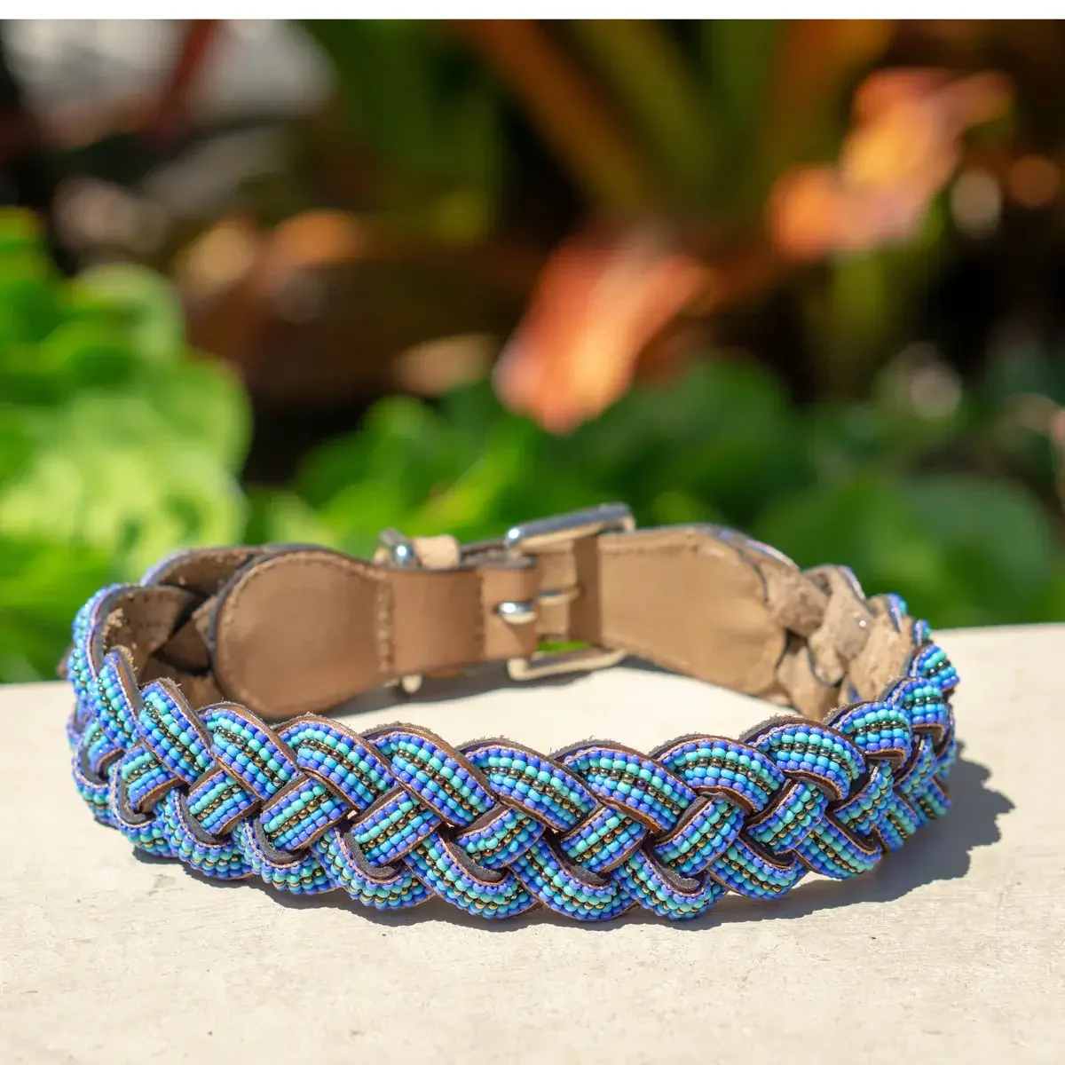 blue beaded leather dog collar