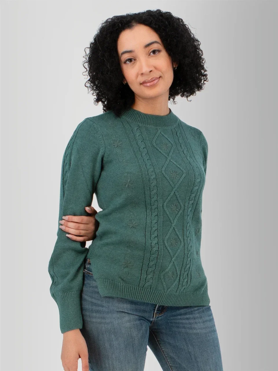 organic cotton green cable knit sweater