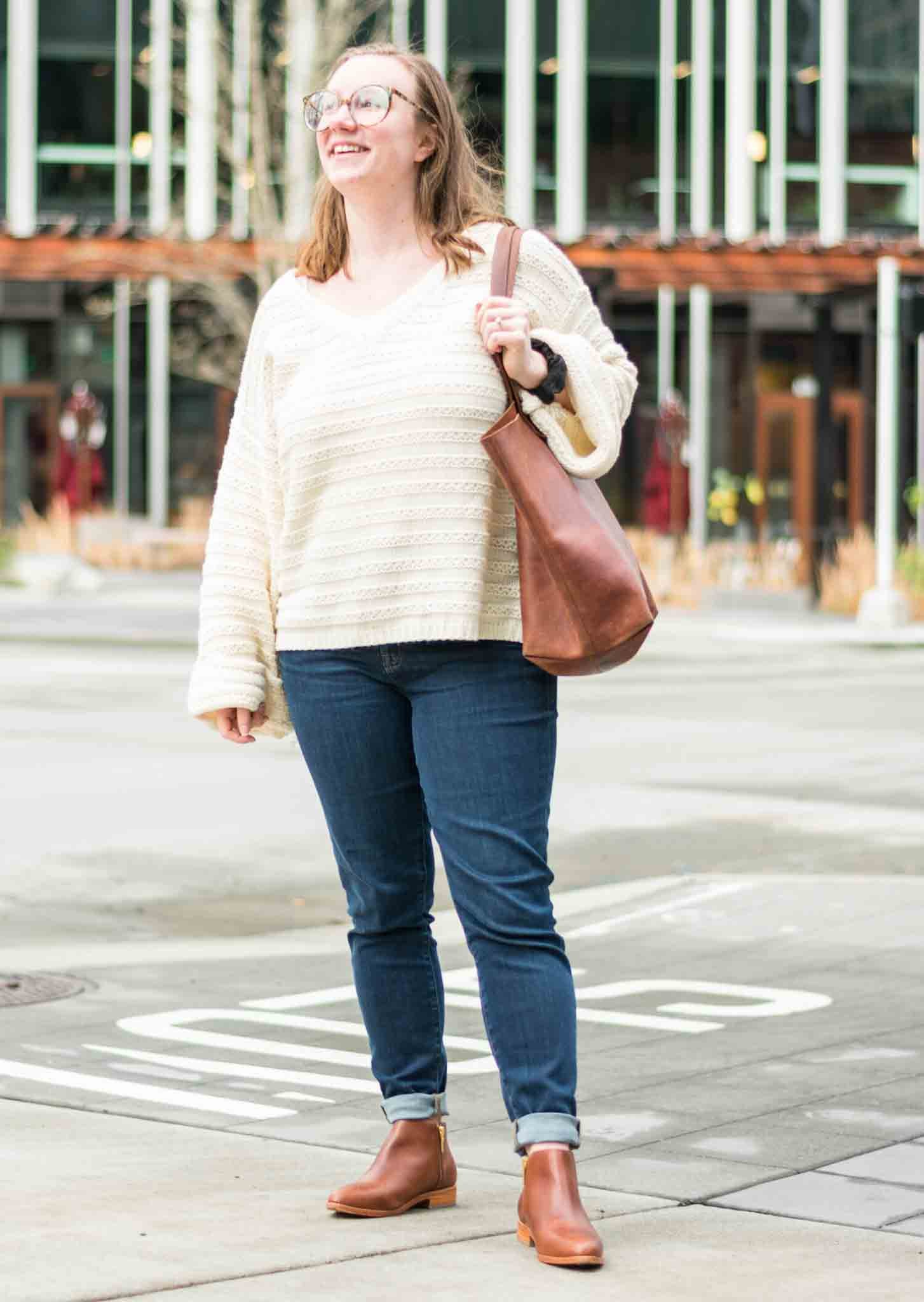 emily in j crew jeans and nisolo boots