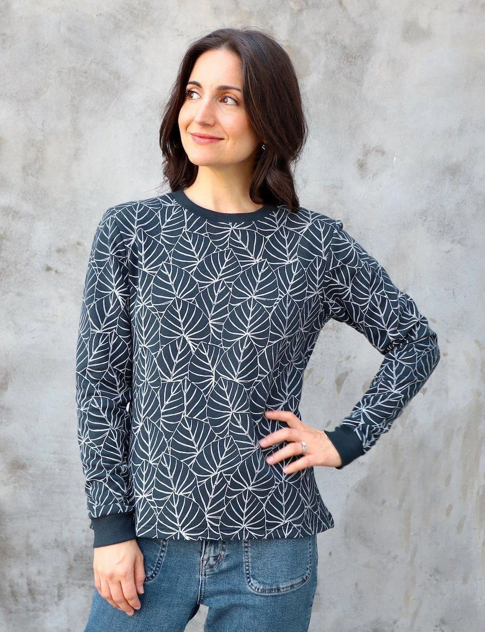 navy organic cotton sweater with botanical print