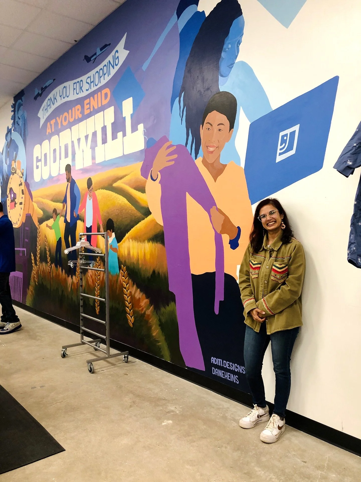 💙 GOODWILL, ENID 🌾 @daneheins and I are so excited to finally share our favorite mural yet! With painterly wheat fields to represent Enid&rsquo;s reputation as the &ldquo;Wheat Capital of the U.S.&rdquo; , the antique train from their Railway Museu
