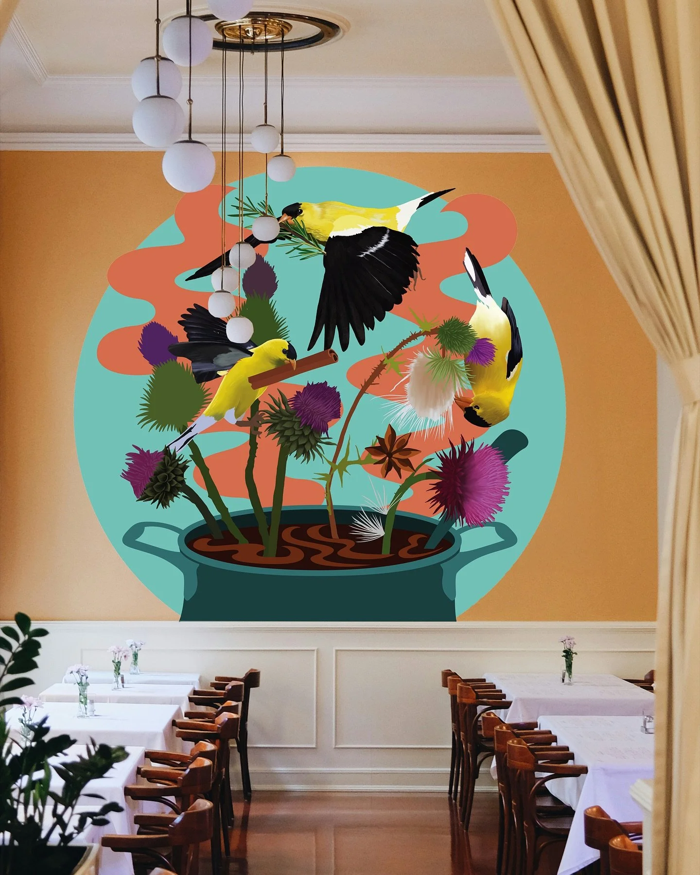 An eccentric mural concept from the chopping block 🔪 We created these designs for a local restaurant in Bartlesville, Oklahoma. The project fell through because, it turns out, the wall was falling apart 😳The prompt was simple - sort of&hellip;. inc