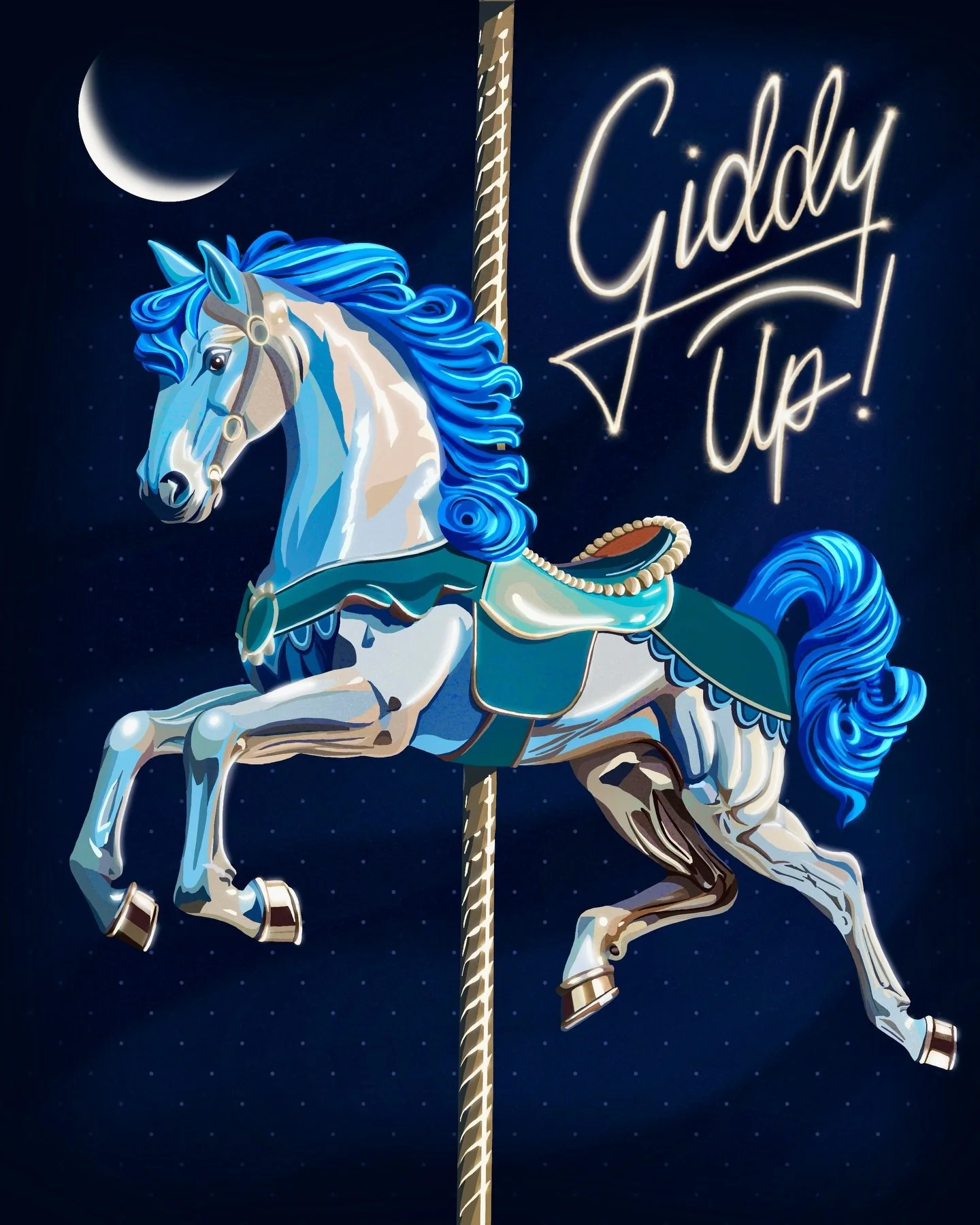Riding into 2026 (Year of the Horse) with a carousel 🎠 Had so much fun trying a new art style and the chrome details are giving! 😍 
.
.
[artist] [illustration] [okc artist] [procreate art] [2026] [year of the horse] [new year]