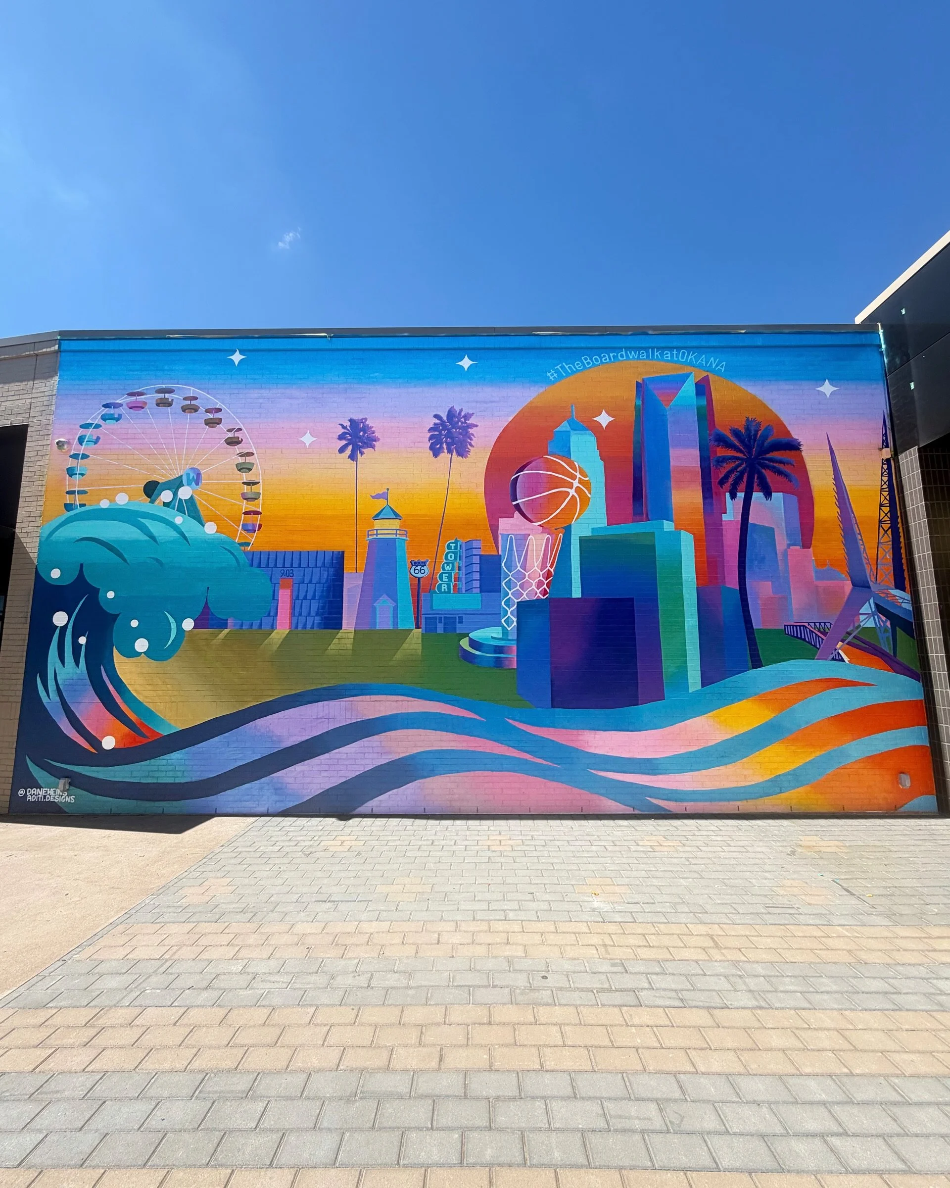 Our big summer project for The Boardwalk at @okanaresort is officially done and what a dream come true to paint these massive twin murals in our home city! We couldn&rsquo;t have done this alone, so thank you to our sunburnt assistants for all your h