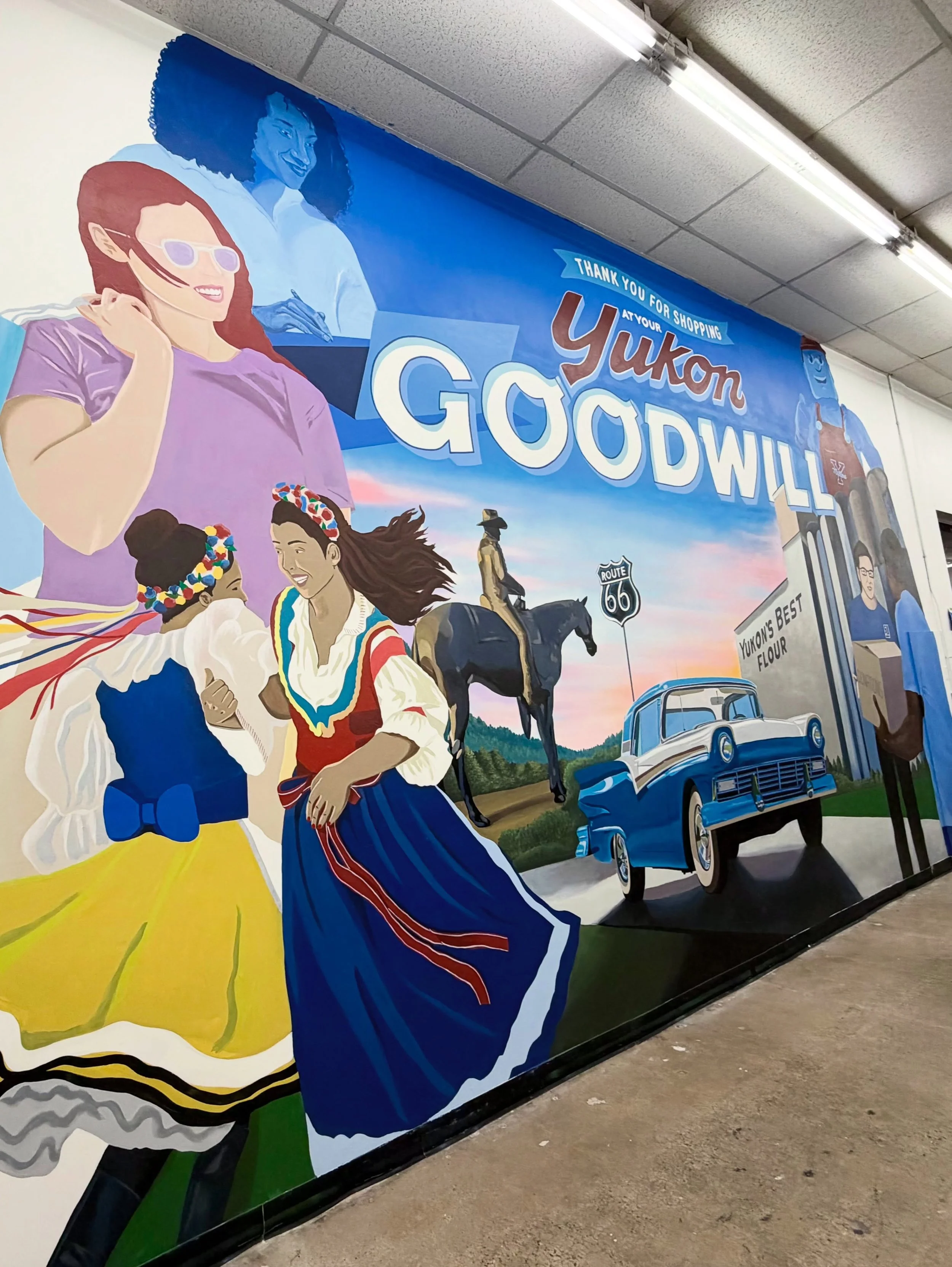 So thrilled to share another dope mural that @daneheins and I painted for @okgoodwill in Yukon just in time for their grand re-opening💙 We loved bringing in some local flair by incorporating the historic Flour mill, the high school mascot Miller man