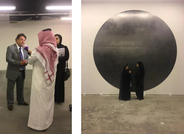 L: Graham being interviewed at the opening of ‘We Are Not Alone’; R: Mohammed Qassim Ashfaq art work titled Black Sun at Athr Gallery Jeddah