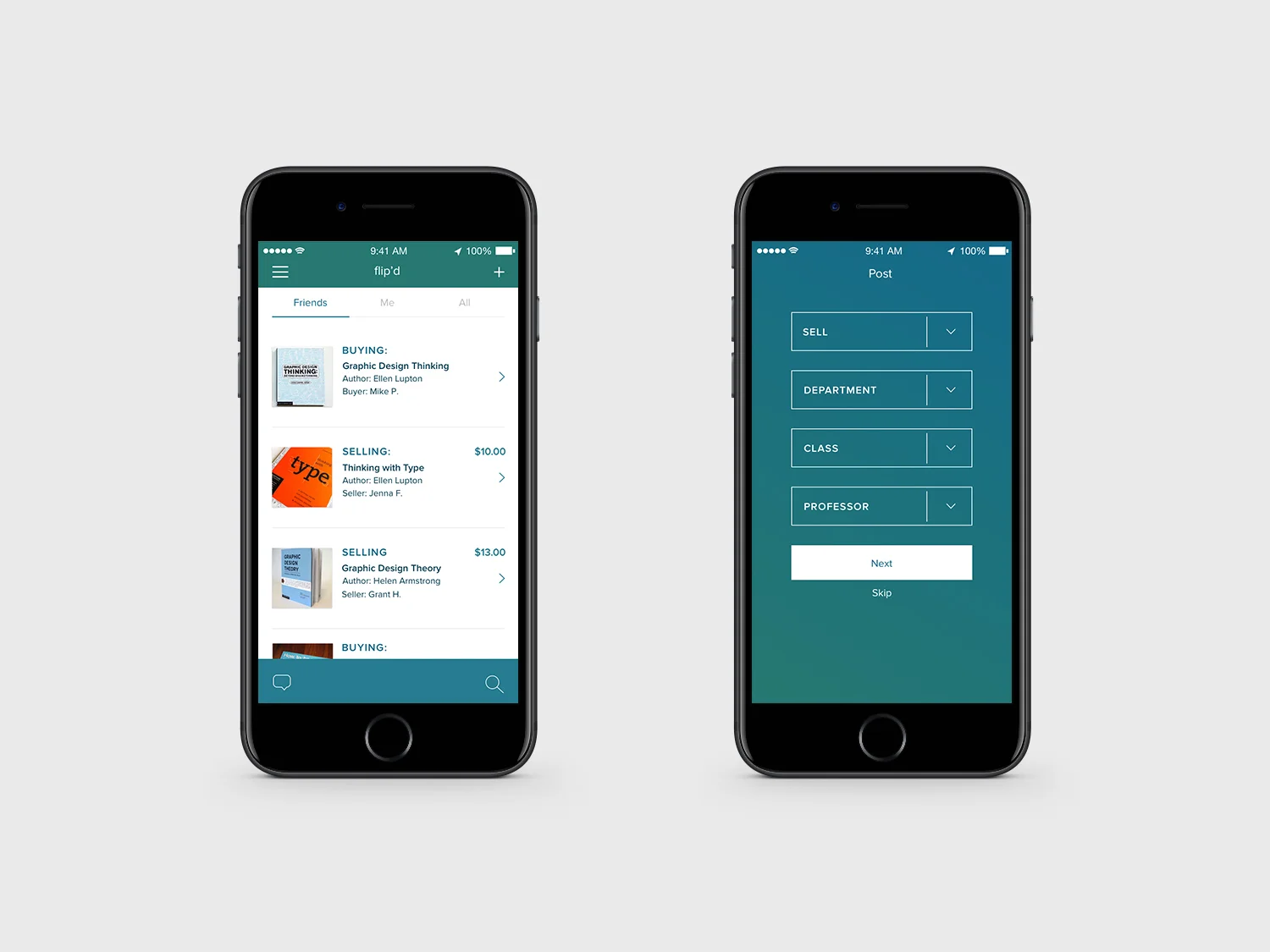 Screens of users' activity feeds and the first step in posting a book listing