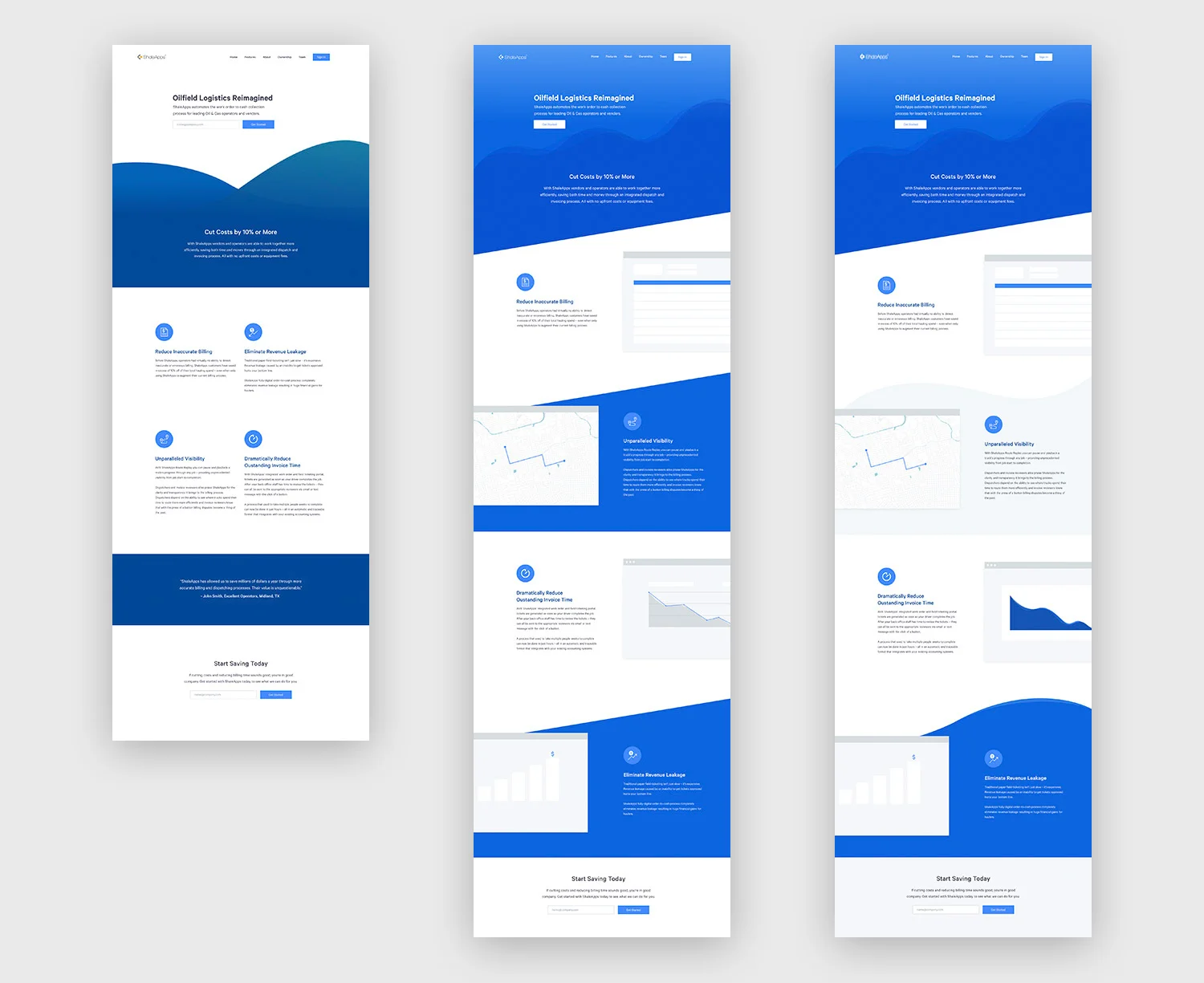 Early iterations of marketing site concepts