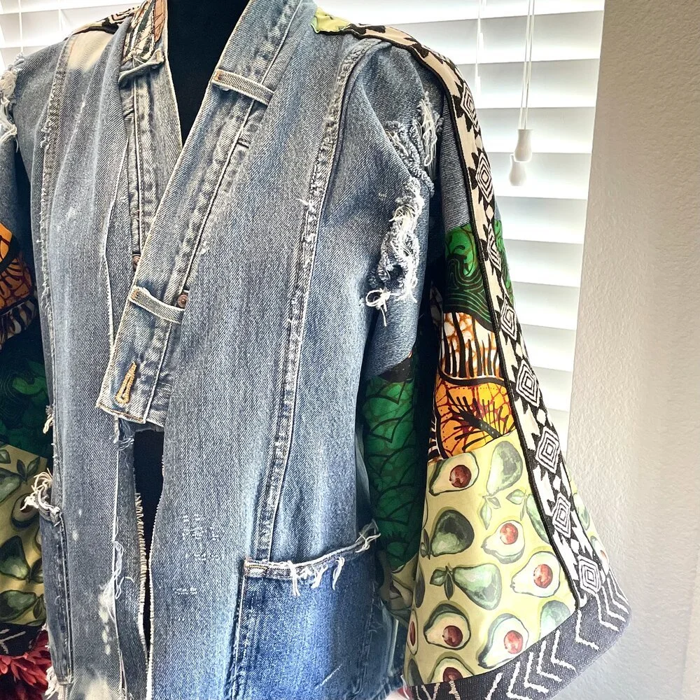 Recycled Denim Button Avocado Short Kimono