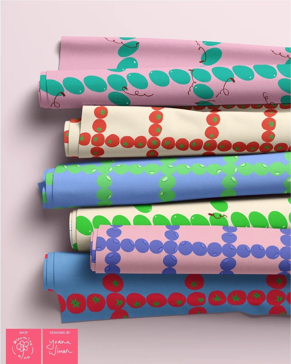 A collection of  checkered surface repeat patterns made of hand drawn fruits in vibrant colours for lifestyle products, beddings and kitchen decor and table linens.