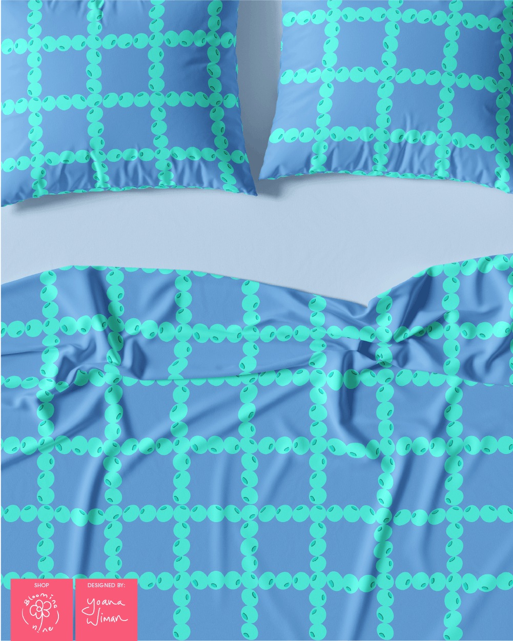 A duvet set mockup showcasing the fruity grid blueberry checkered surface pattern in teal and blue