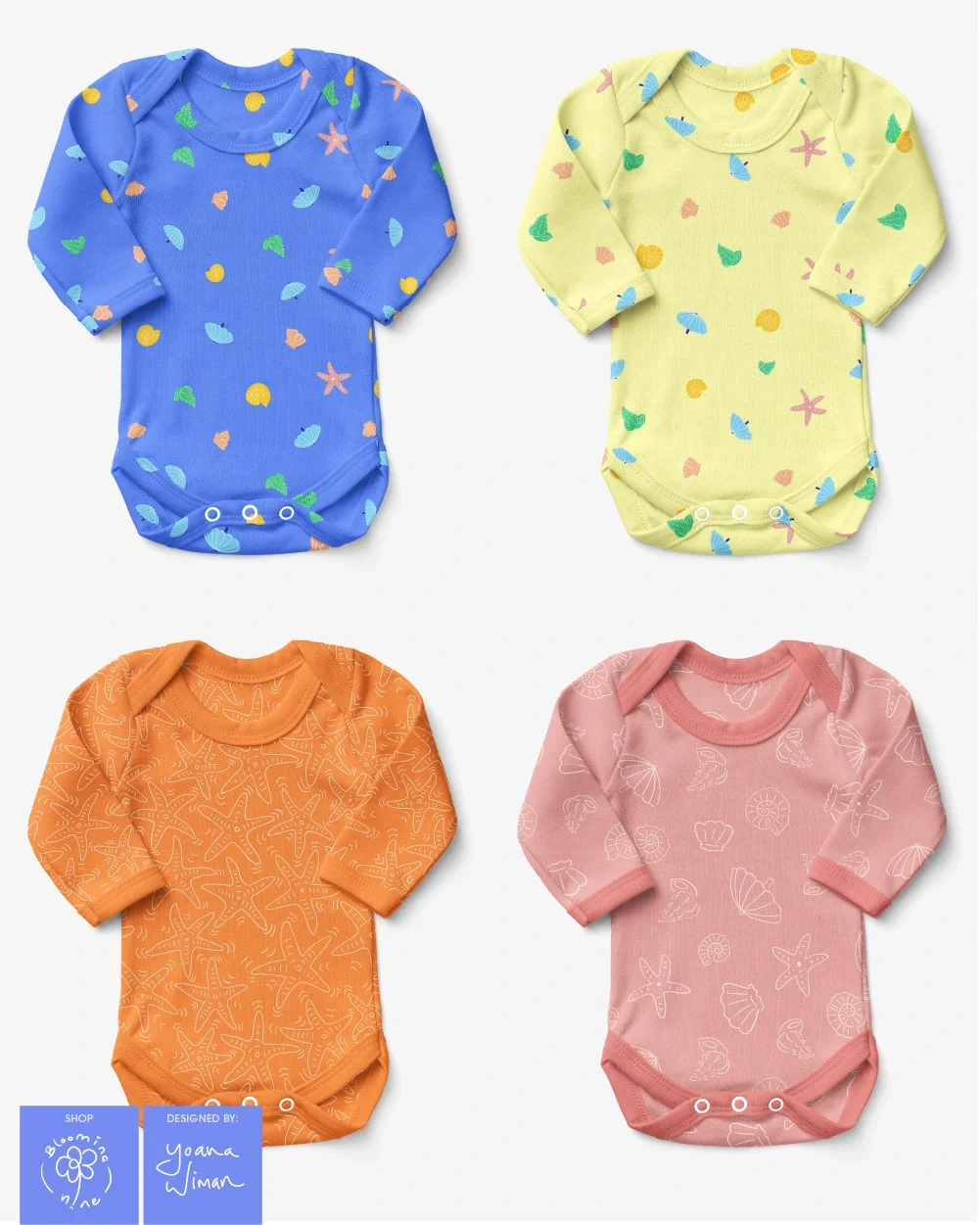 a set of baby long sleeved onesie or bodysuits using fabric patterns featuring seashells in bright vibrant colours.