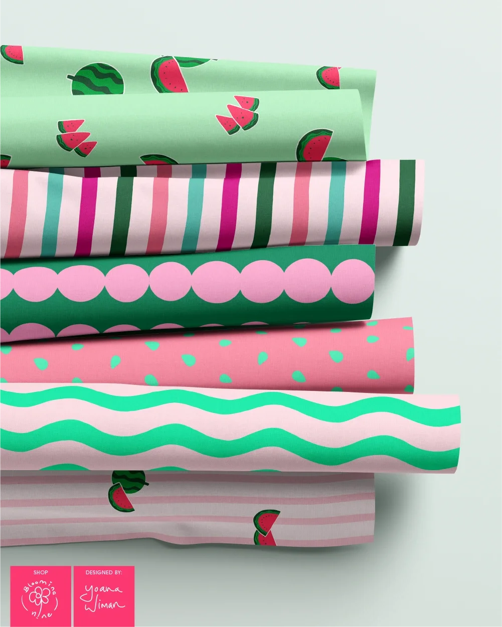 Watermelon-inspired patterns in soft pastels for organic baby brands, boutique kids' apparel, nursery textiles, and product packaging.