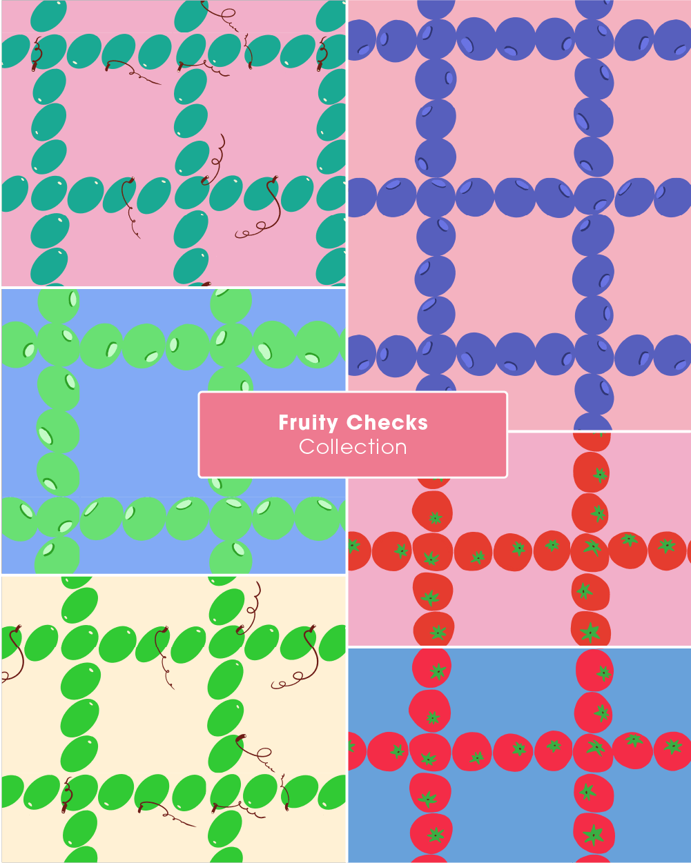 Hand drawn berries grapes and tomatoes checkered seamless repeat pattern designed by Yoana Wiman for products fabrics and digital art