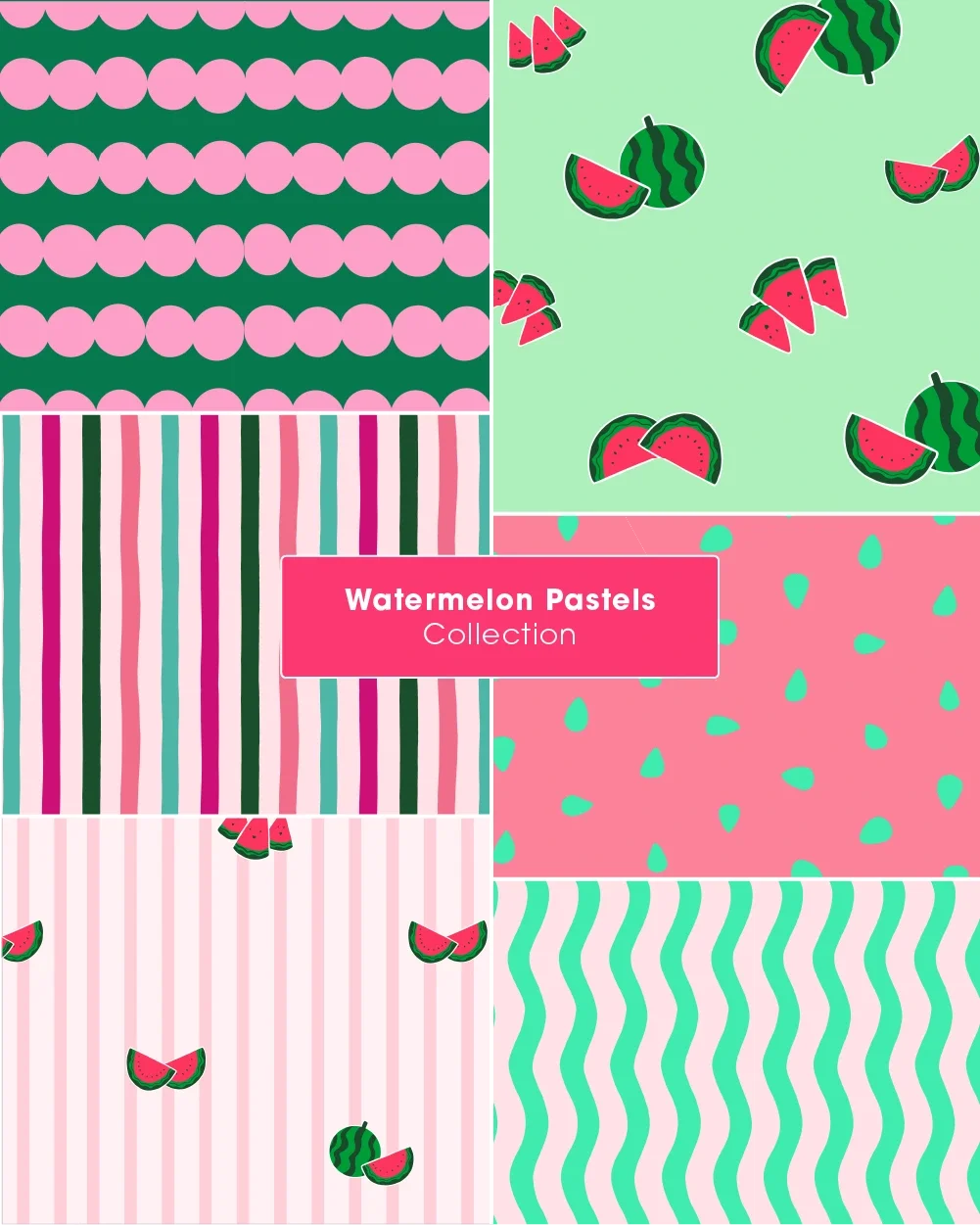 Summer watermelon-inspired patterns in soft pastels for baby and toddler brands, apparels, nursery wallpaper and packaging