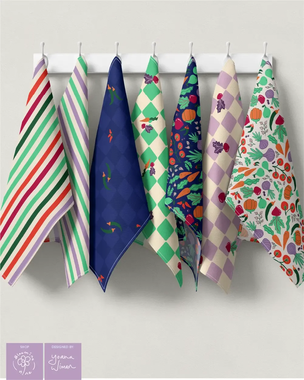 Tea towal collection featuring surface pattern design inspired by farmers market
