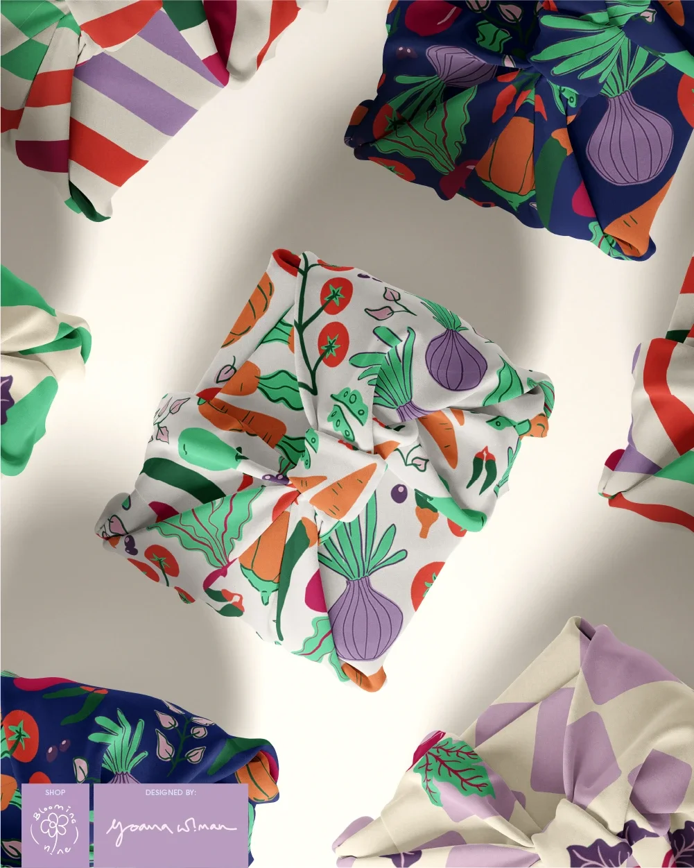 Fabric Picnic food wrapper in multiple farmers market vegetable patterns