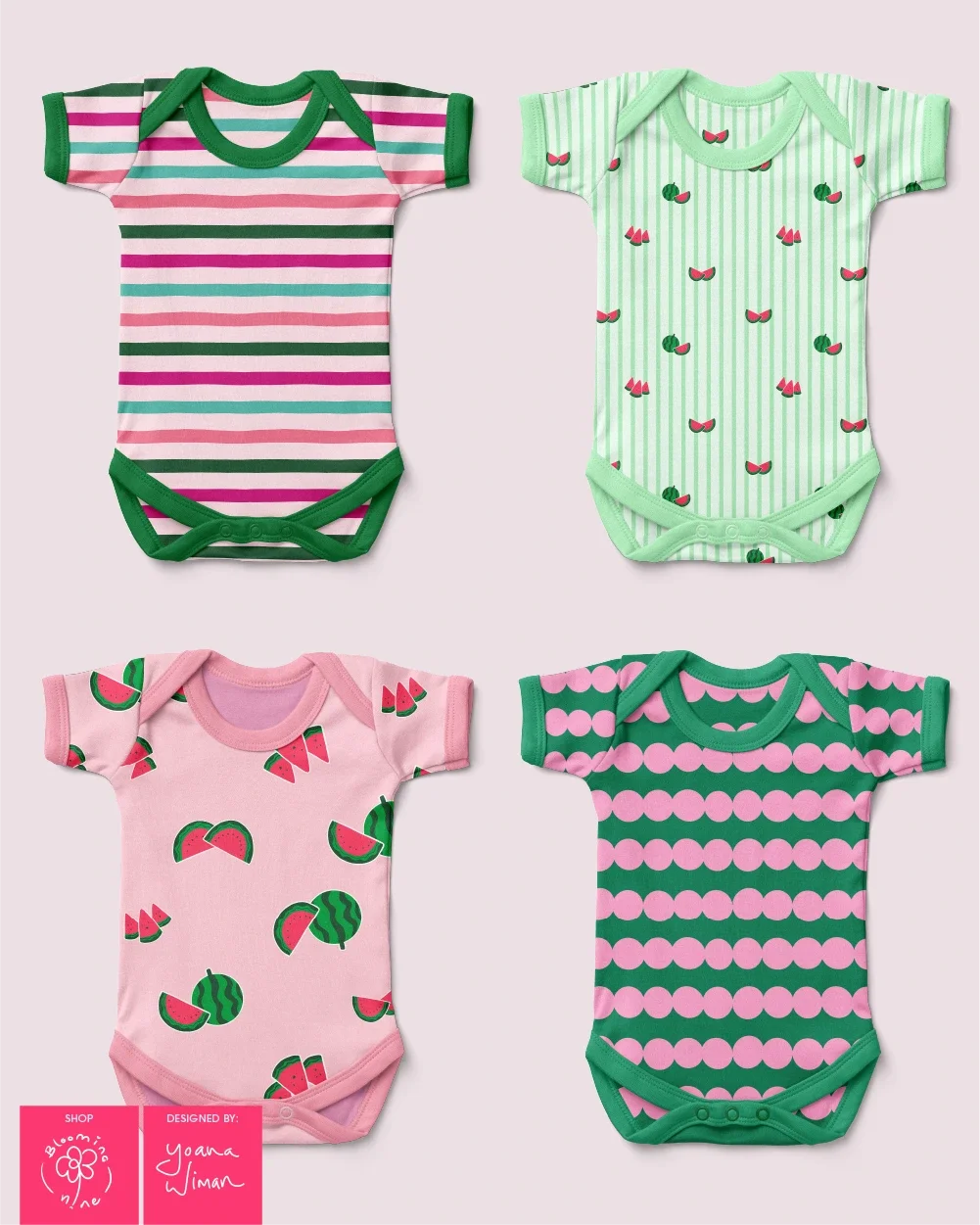 Baby onesies featureing bright and fun pattern design inspired by summery watermelon motifs and colours