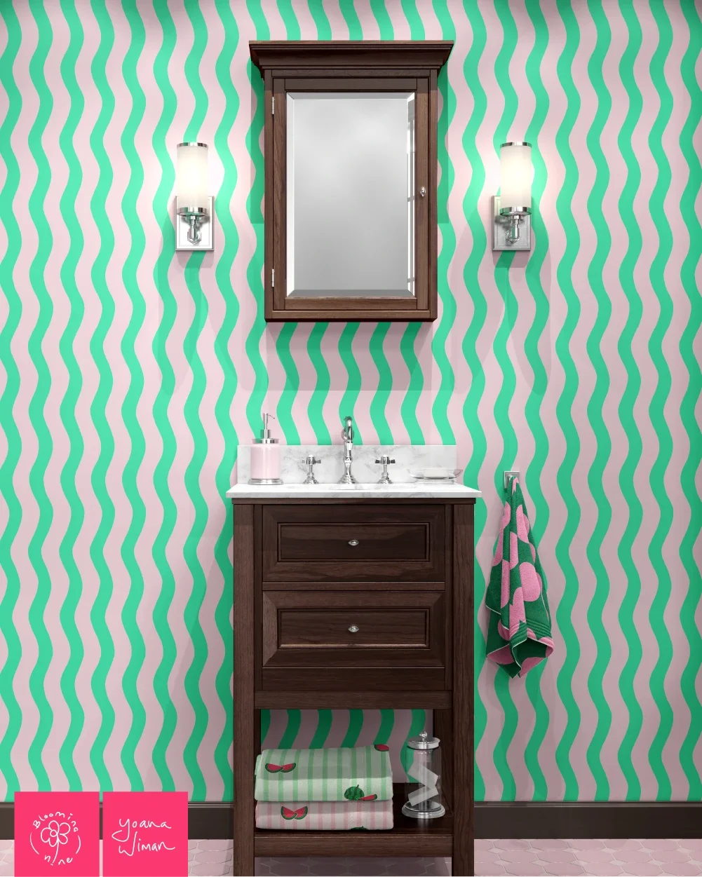 Wallpaper and towels with pattern designs inspired by summery watermelon colors and motifs.