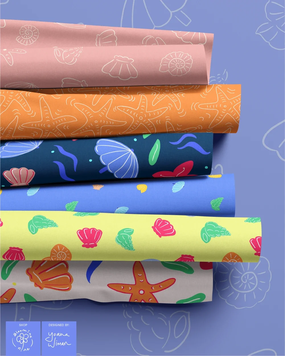 A collection of surface design patterns inspired by seashells found by the beach for children's nurseries, beddings and wallpapers