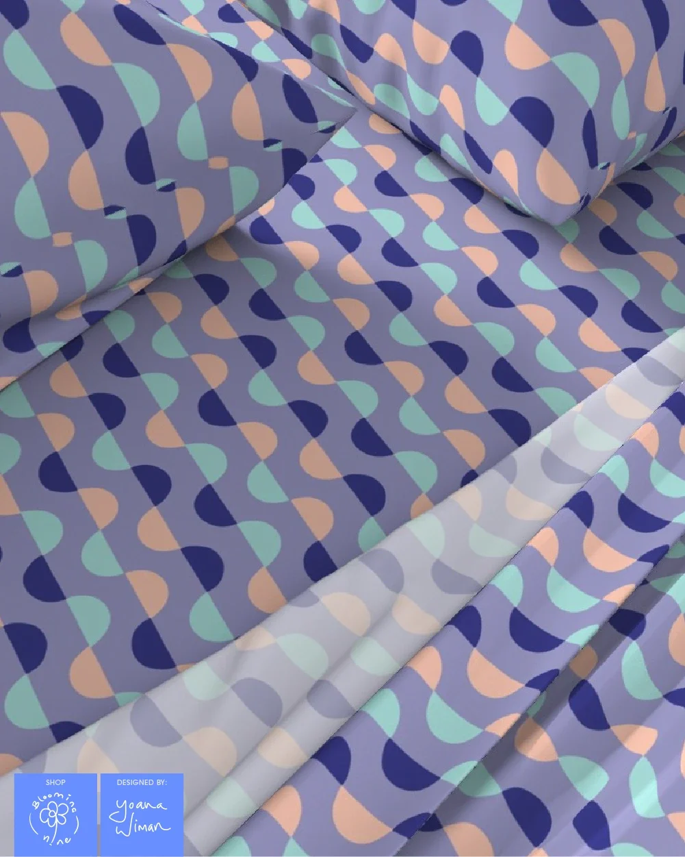 Half circle repeat pattern in vibrand unique color palette create a kaleidoscopic effect on this sheet and duvet cover bedding