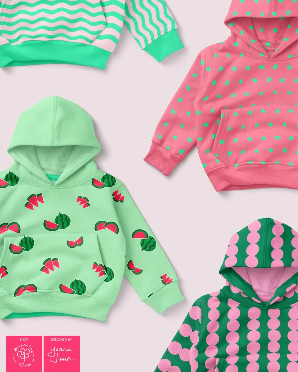 Toddler Hoodies collection using bright fun and joyful surface pattern designs inspired by summery watermelon colours and motifs.