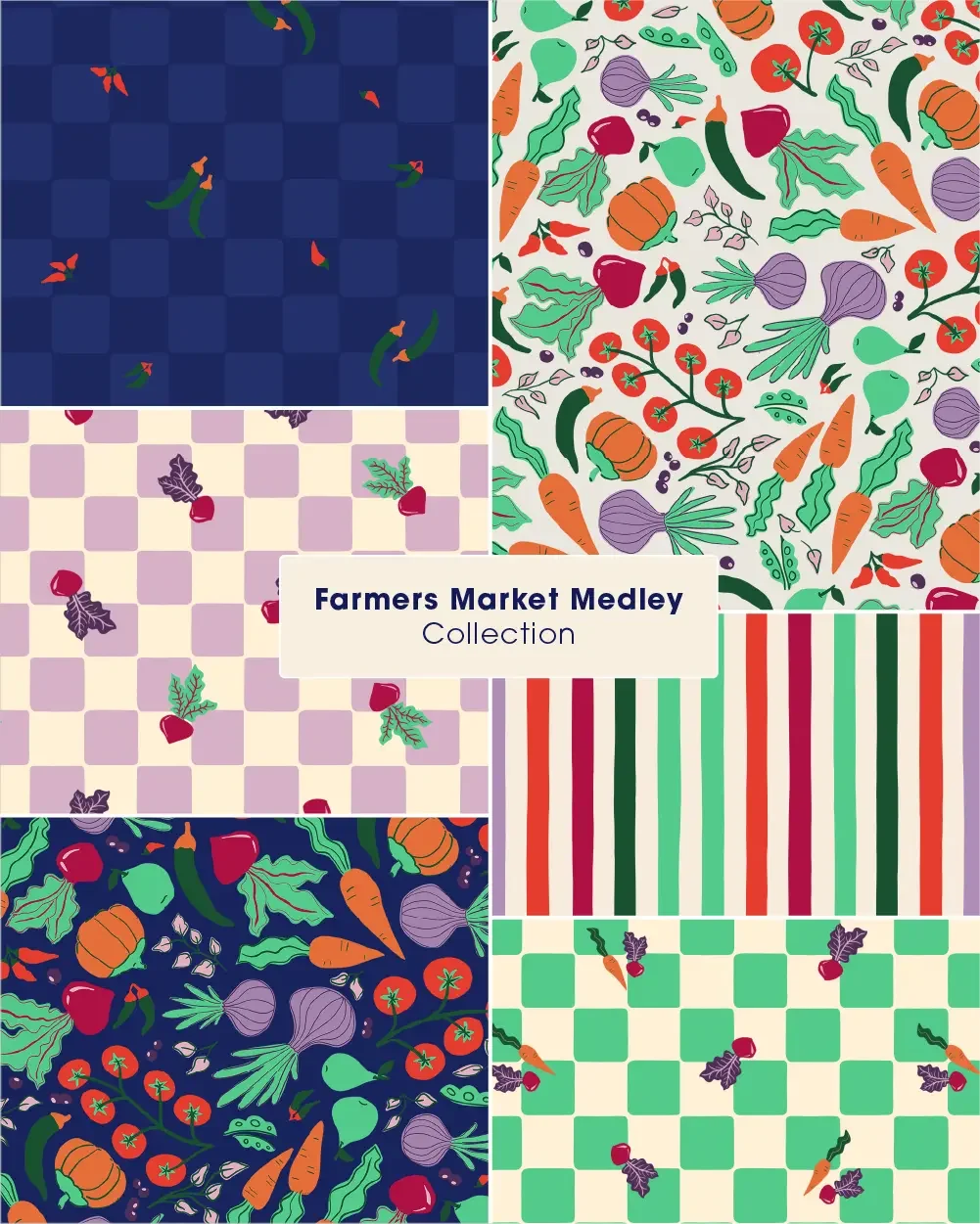 Surface Pattern Design Collection inspired by farmers market vegetables for picnic products, kitchen decor, table linens and Craft projects.