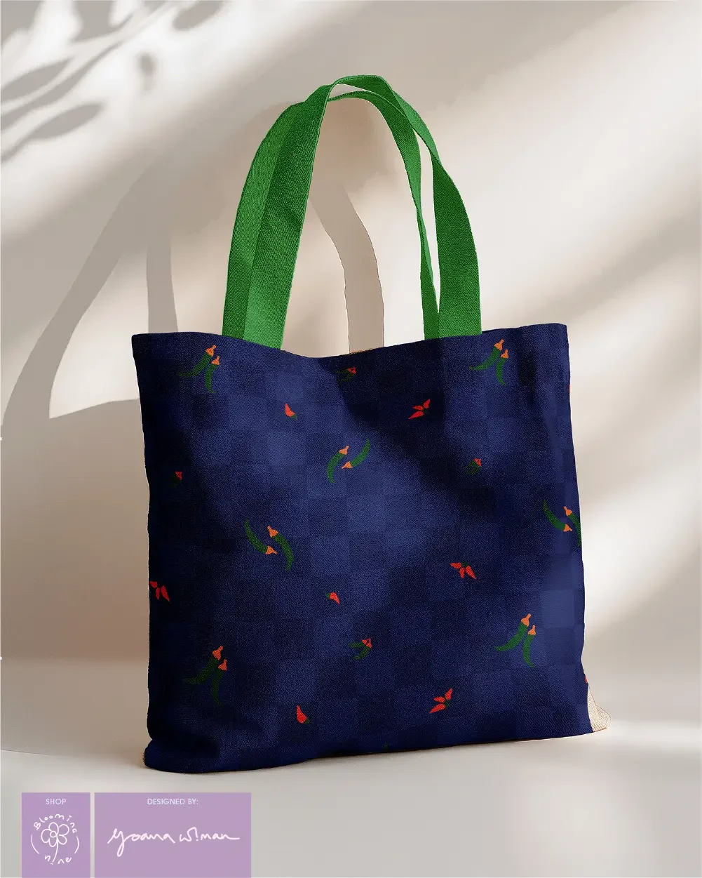 Market canvas tote bag with blue check and scattered chillies pattern