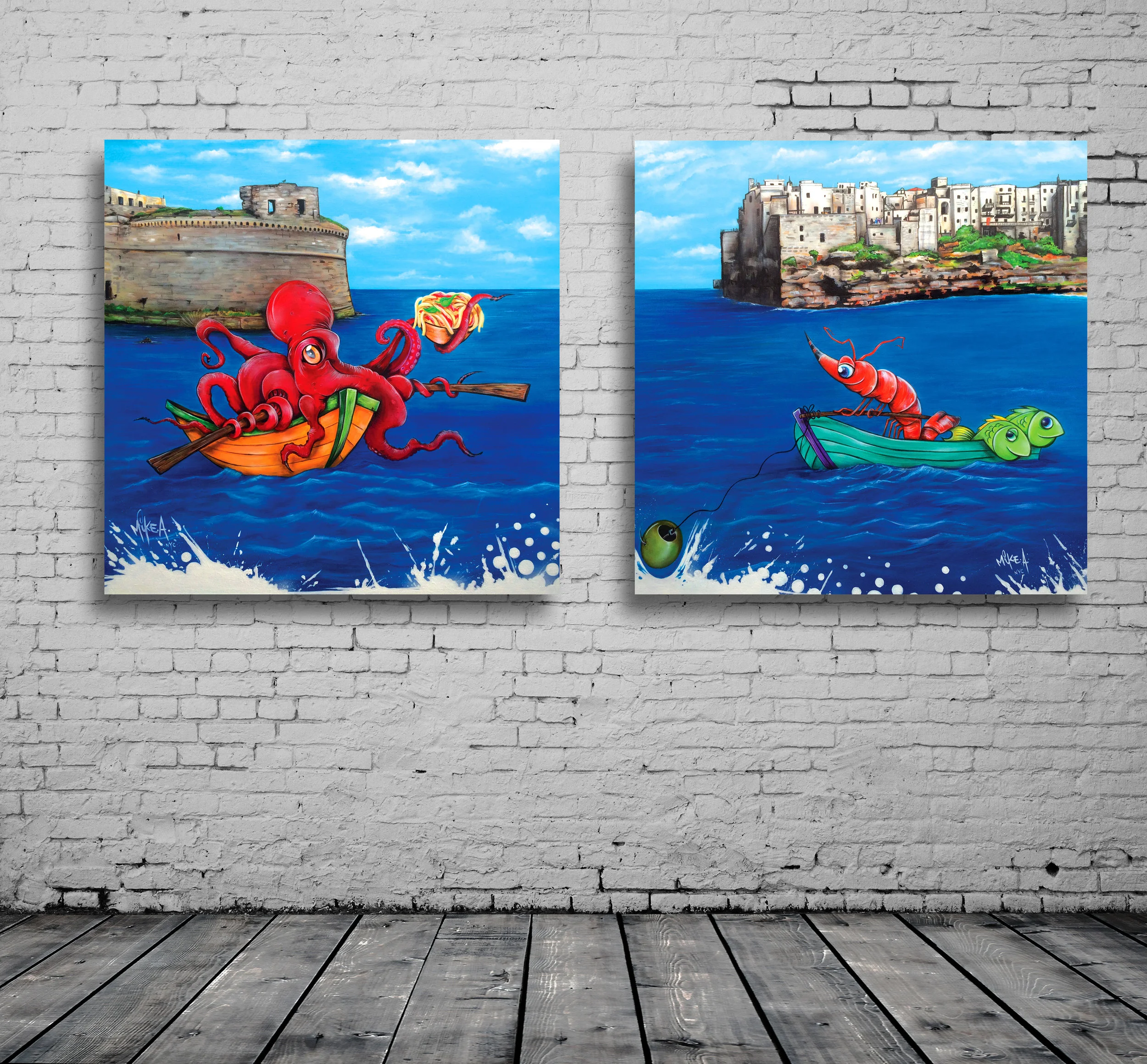 36”x36” "Diner in Puglia" acrylic on canvas, airbrush 36”x36” "Fishing in Puglia" acrylic on canvas, airbrush
