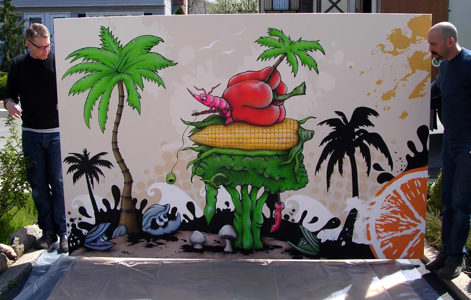 6'x9' " Prawn Fishing" acrylic, airbrushed on canvas 